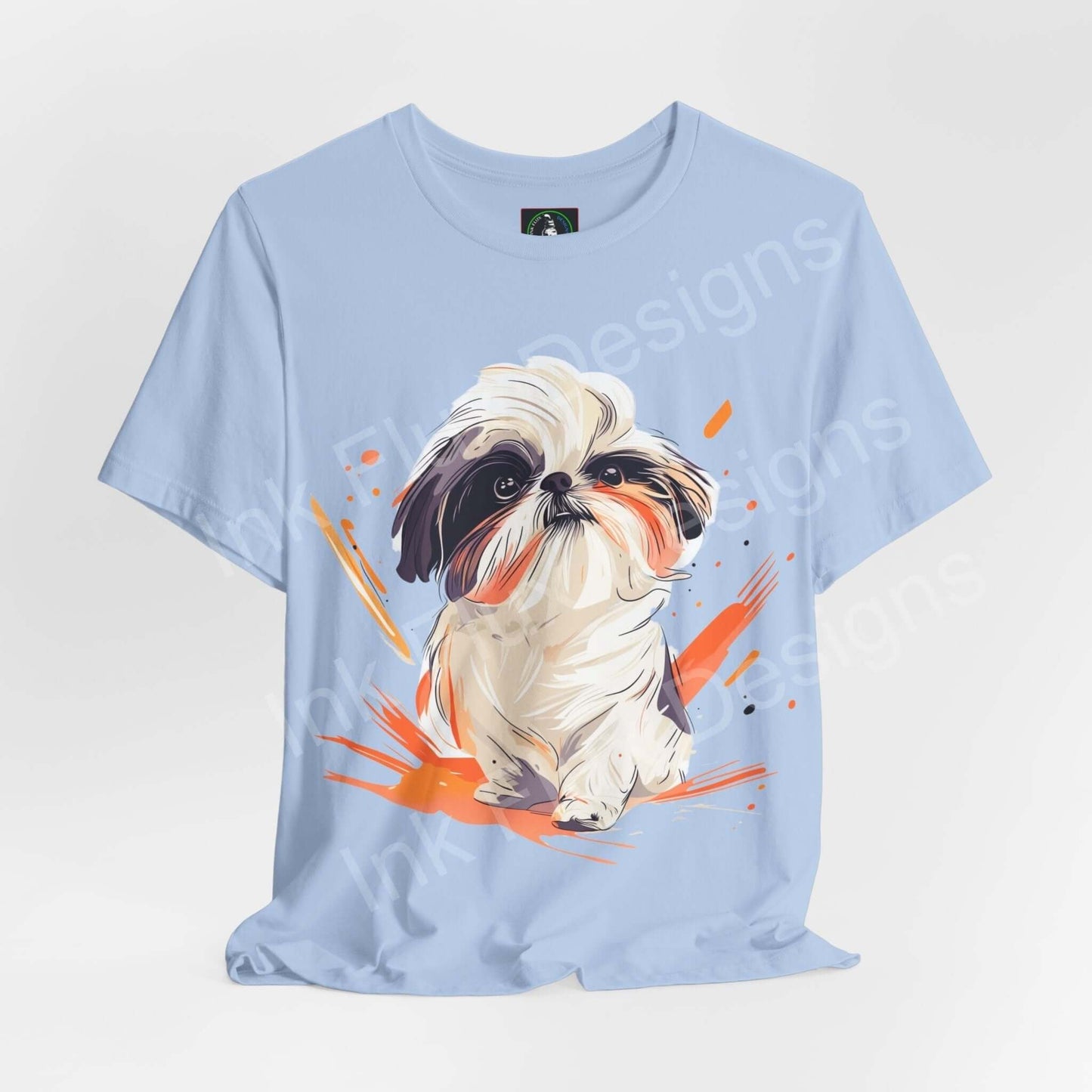 Light blue unisex jersey T-shirt featuring a vibrant graphic of a Shih Tzu dog, ideal for dog lovers and graphic tee enthusiasts.