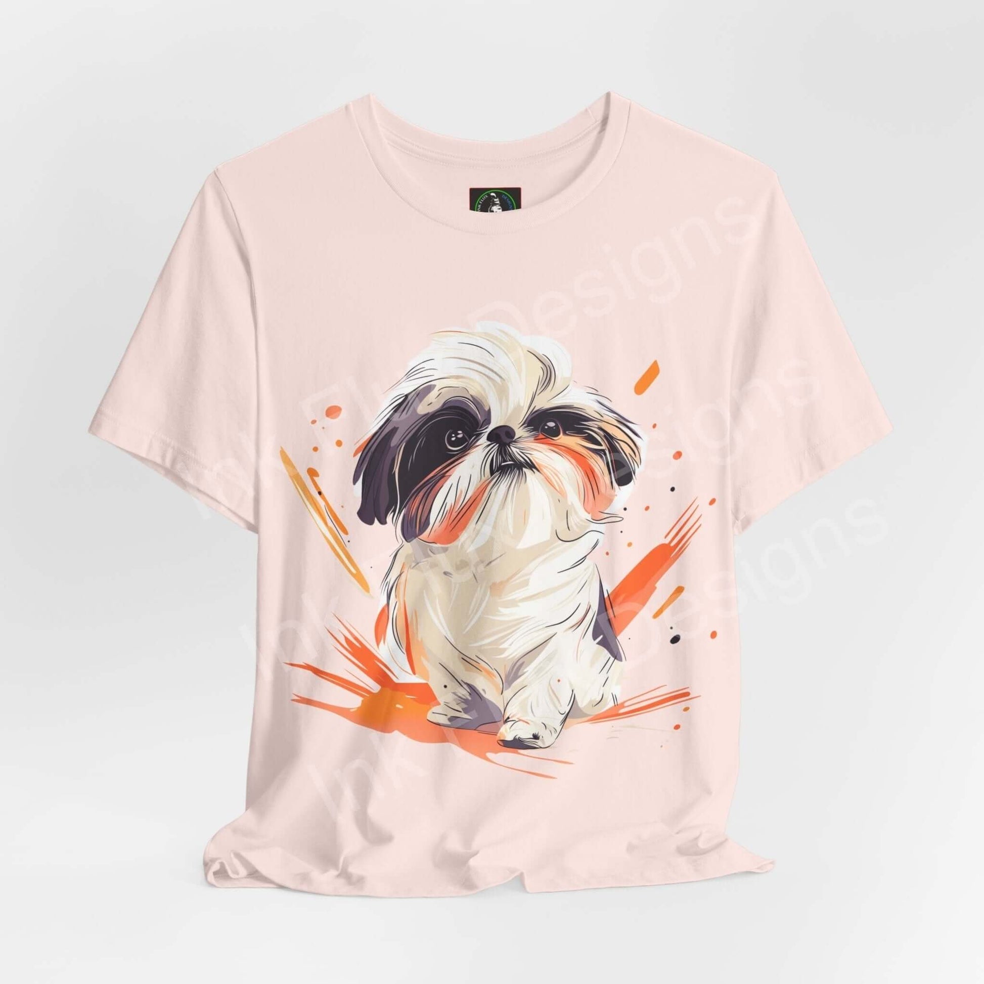 Light pink unisex jersey T-shirt featuring a graphic of a Shih Tzu with vibrant orange accents, perfect for dog lovers.