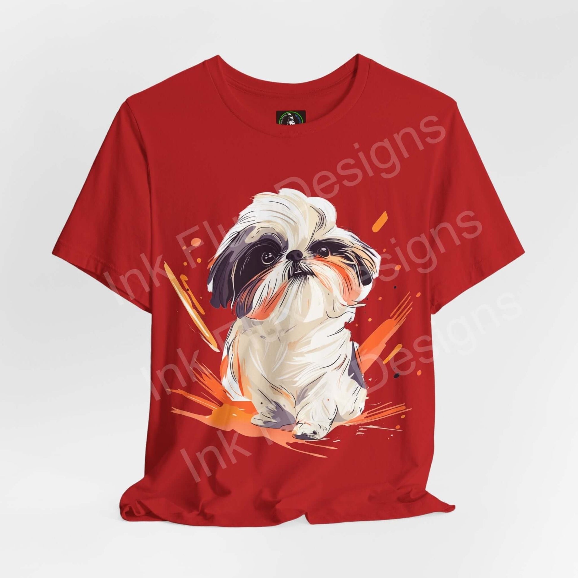 Red unisex graphic tee featuring a vibrant illustration of a Shih Tzu dog, perfect for dog lovers, made with sustainable Airlume cotton.