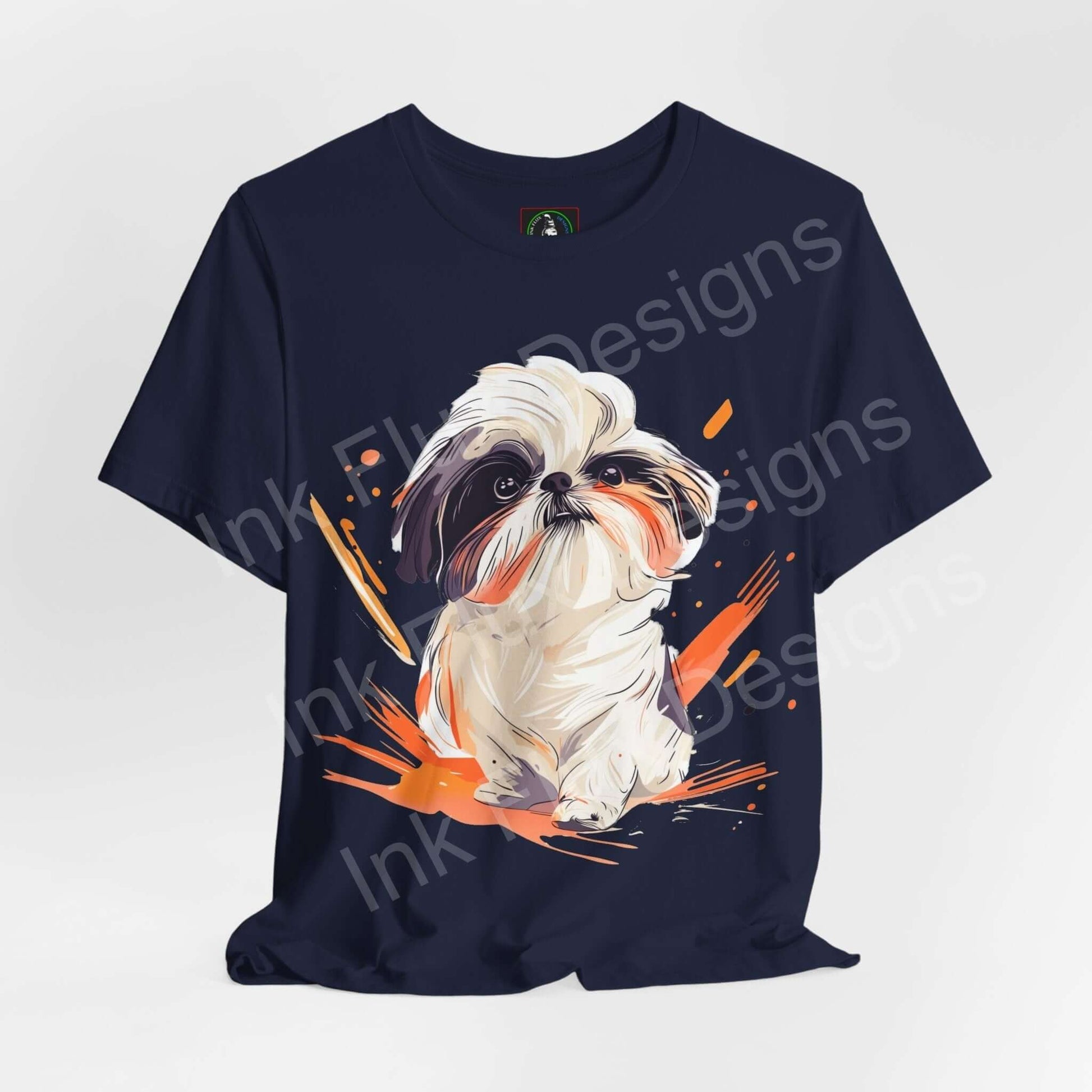 Navy graphic tee with Shih Tzu dog design, showcasing vibrant orange splashes, perfect for dog lovers and casual wear.