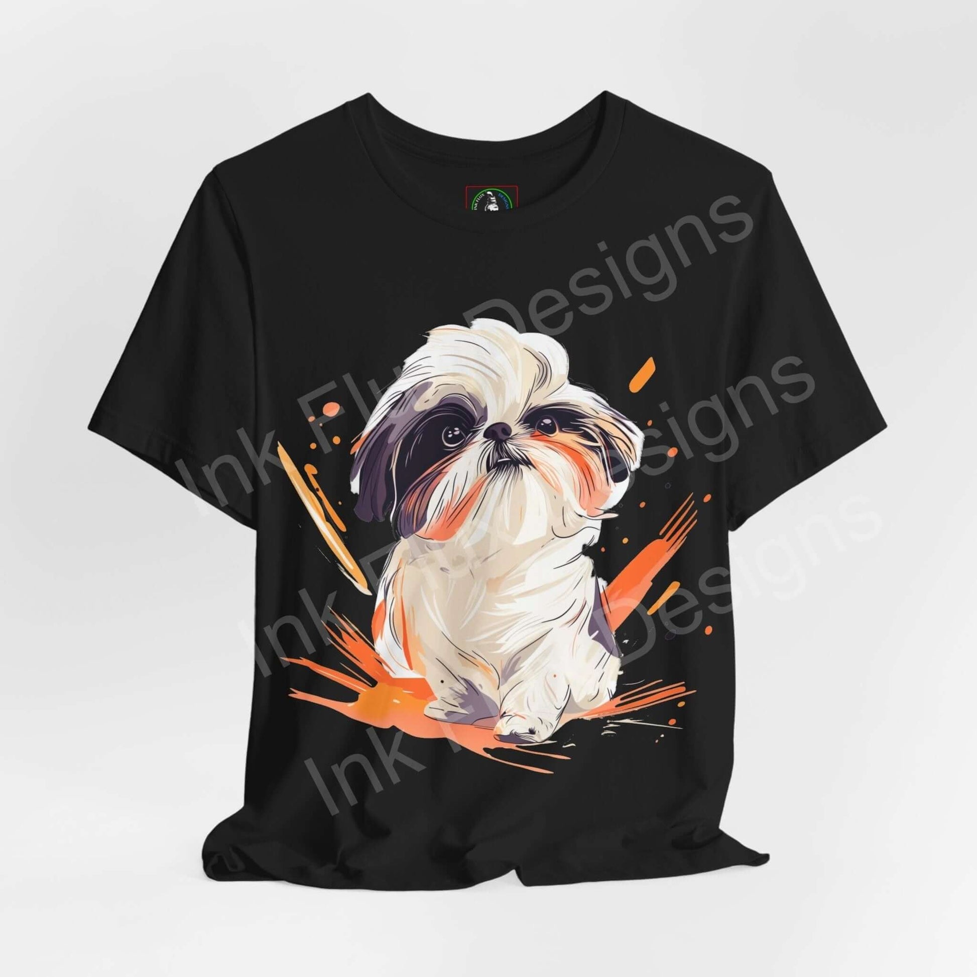 Black unisex graphic tee featuring a vibrant Shih Tzu design, perfect for dog lovers, from Bella+Canvas