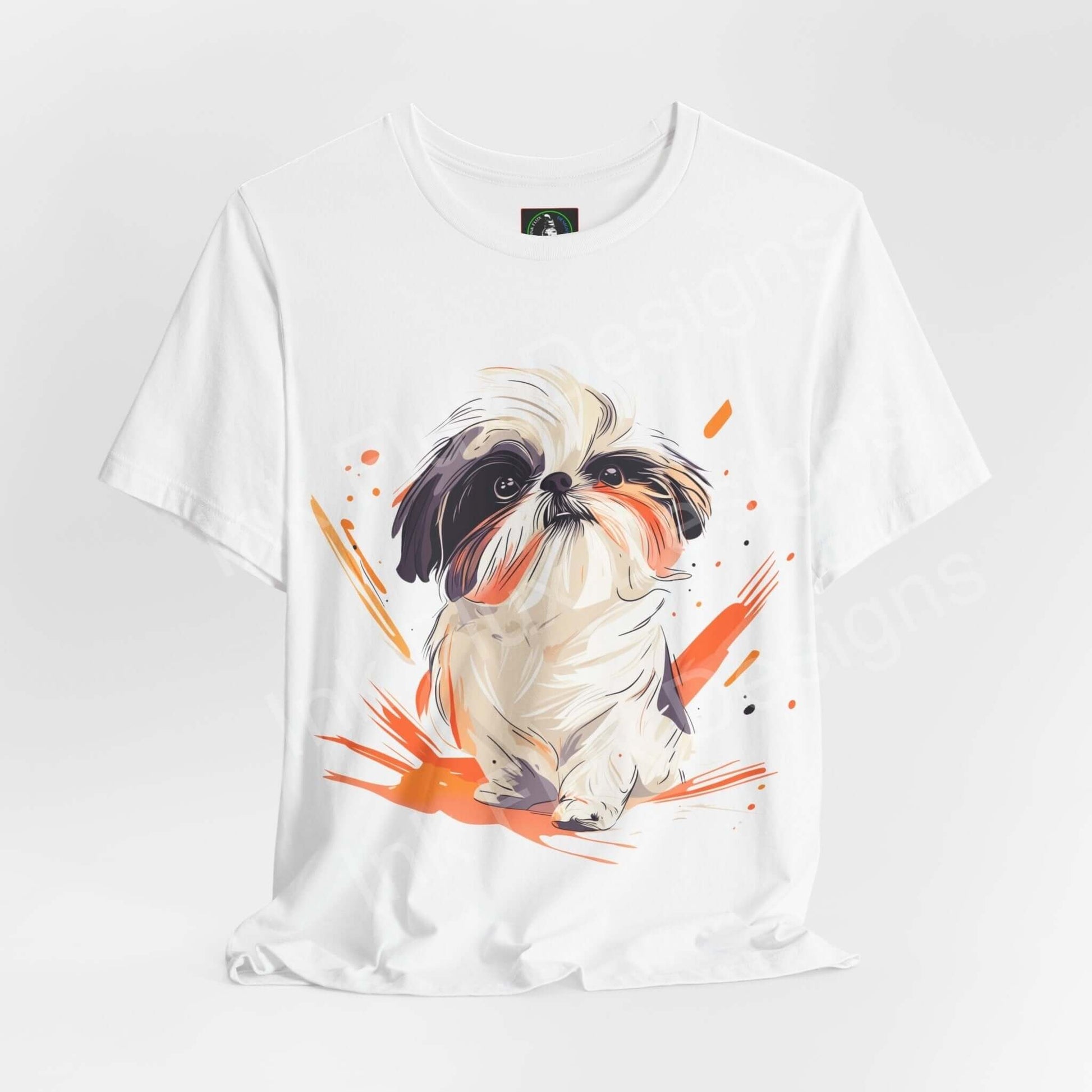 Unisex white graphic tee featuring a vibrant Shih Tzu design, crafted from breathable cotton, perfect for dog lovers.