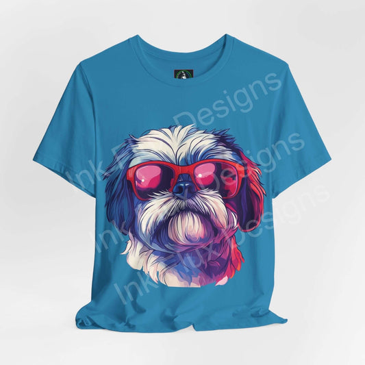 Blue graphic tee featuring a Shih Tzu wearing red sunglasses, designed for comfort and style, from Bella+Canvas