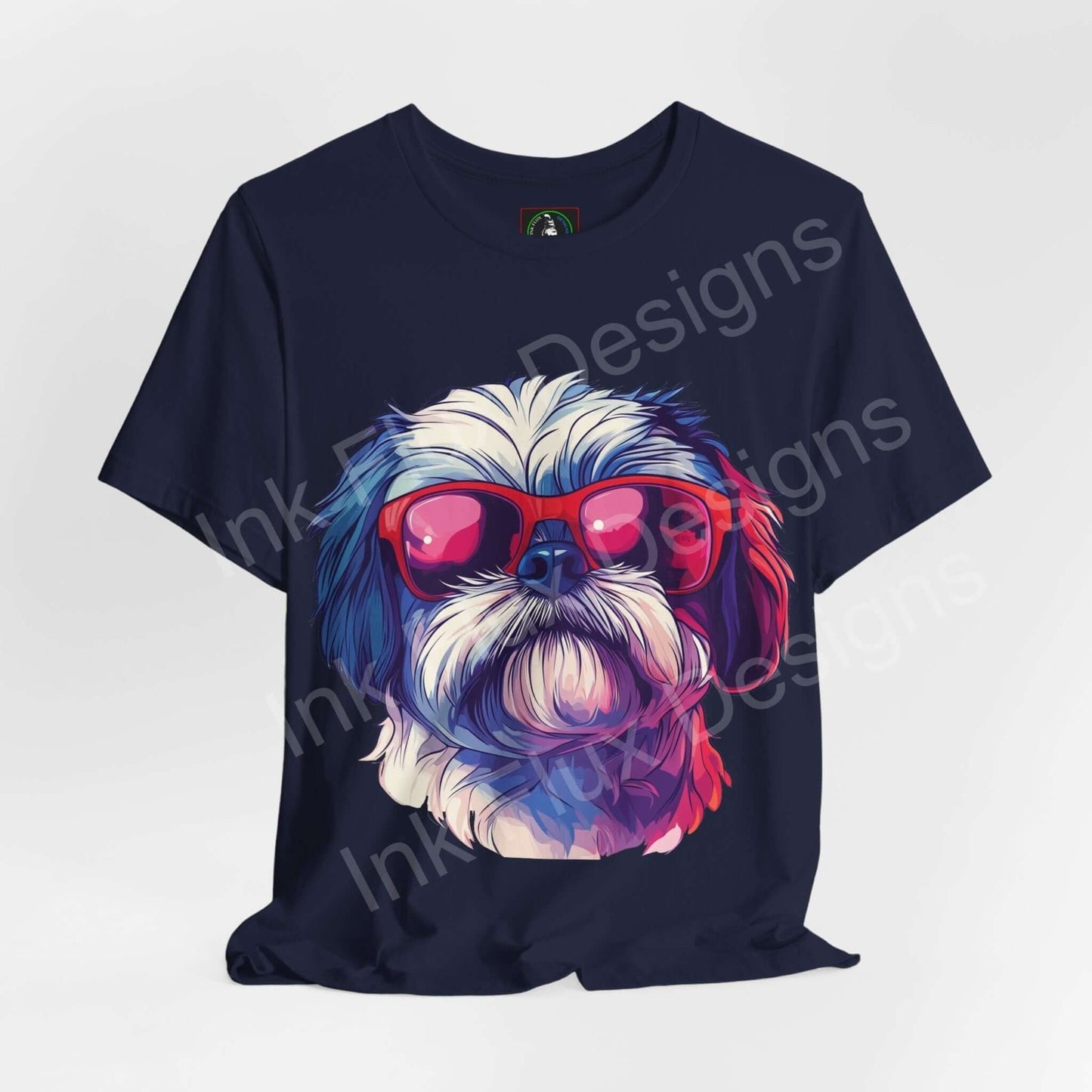 Navy blue graphic tee featuring a colorful Shih Tzu wearing red sunglasses, ideal for dog lovers and stylish casual wear.
