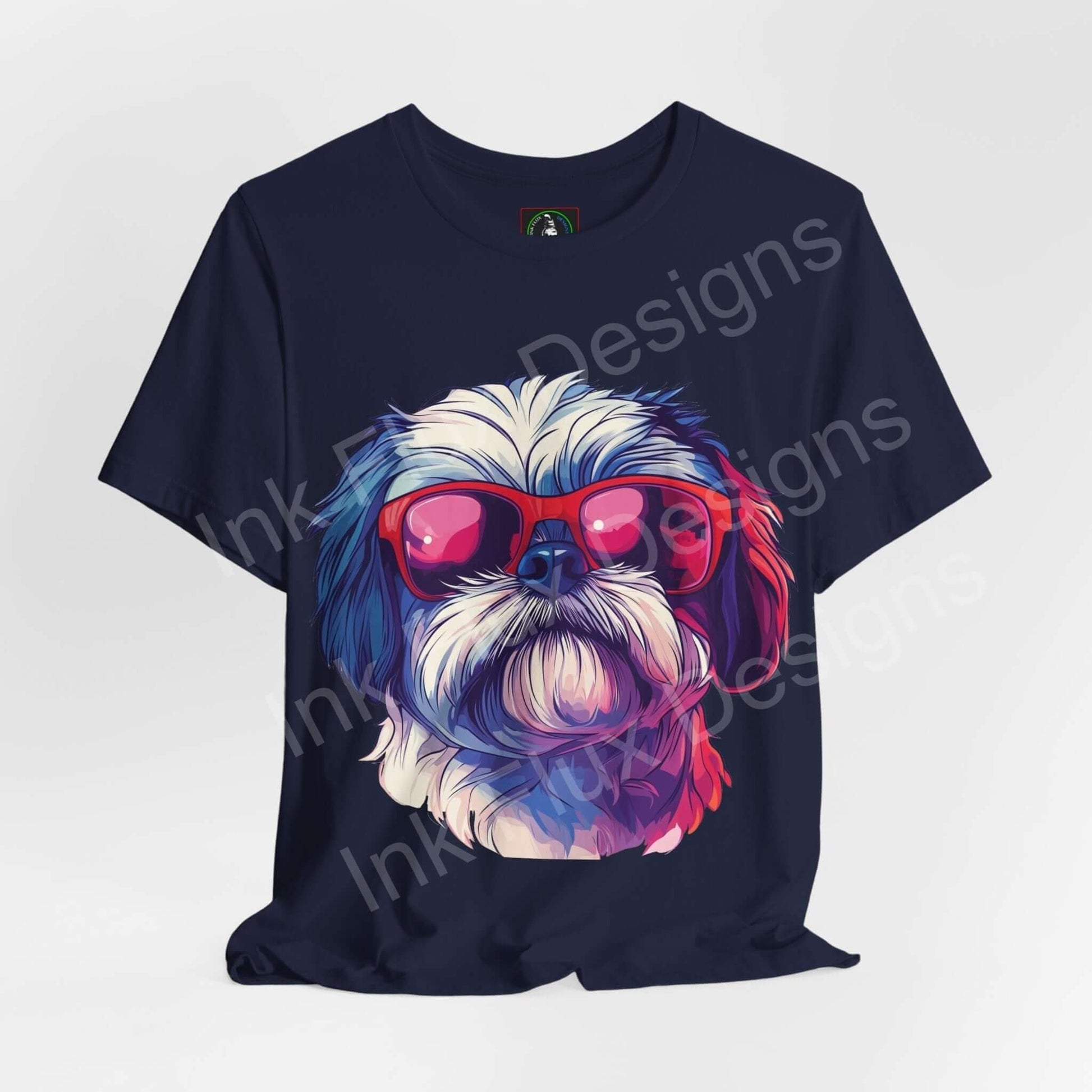 Navy blue graphic tee featuring a colorful Shih Tzu wearing red sunglasses, ideal for dog lovers and stylish casual wear.