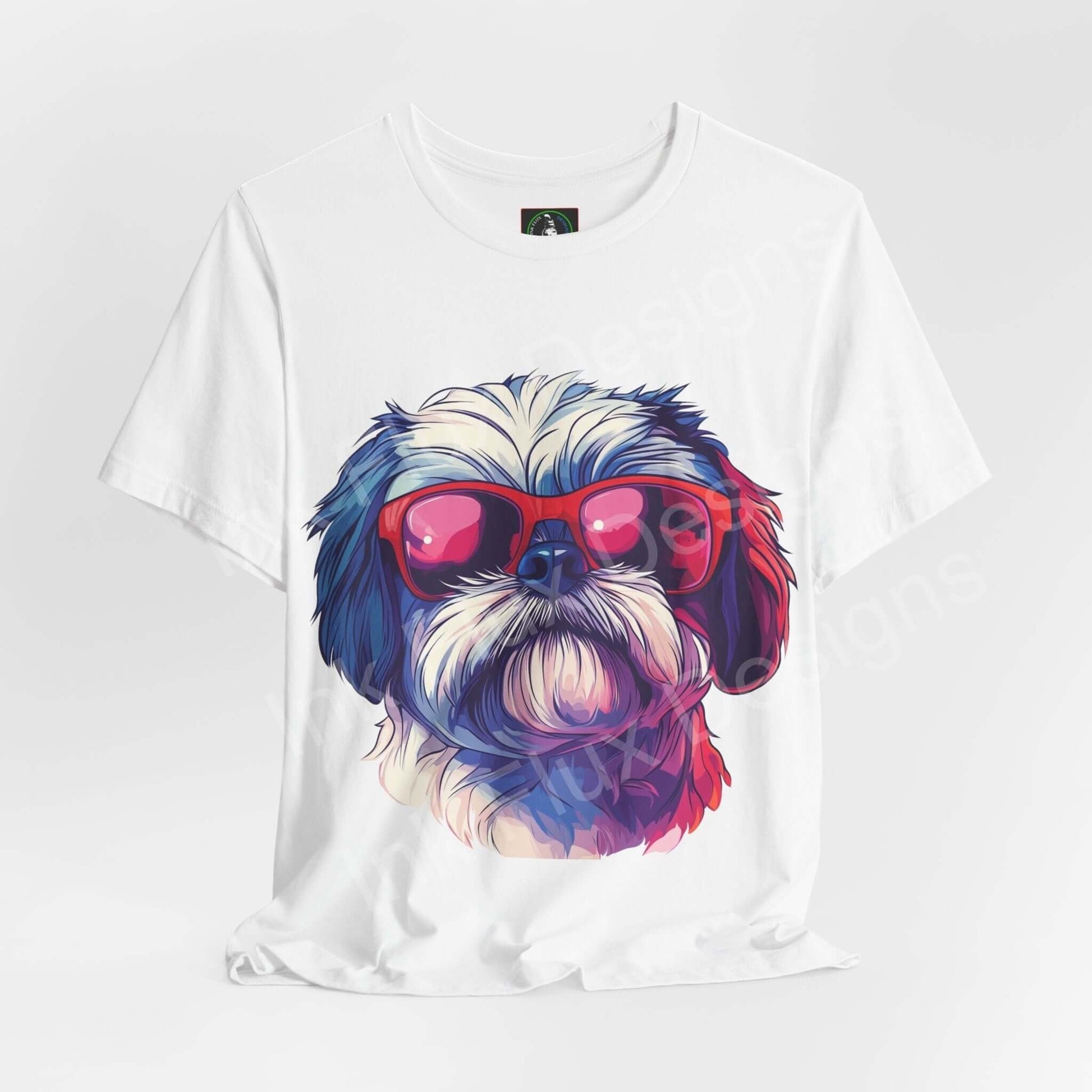 White unisex T-shirt featuring a colorful graphic of a Shih Tzu wearing sunglasses, part of the Shih Tzu Shades collection by Bella+Canvas.