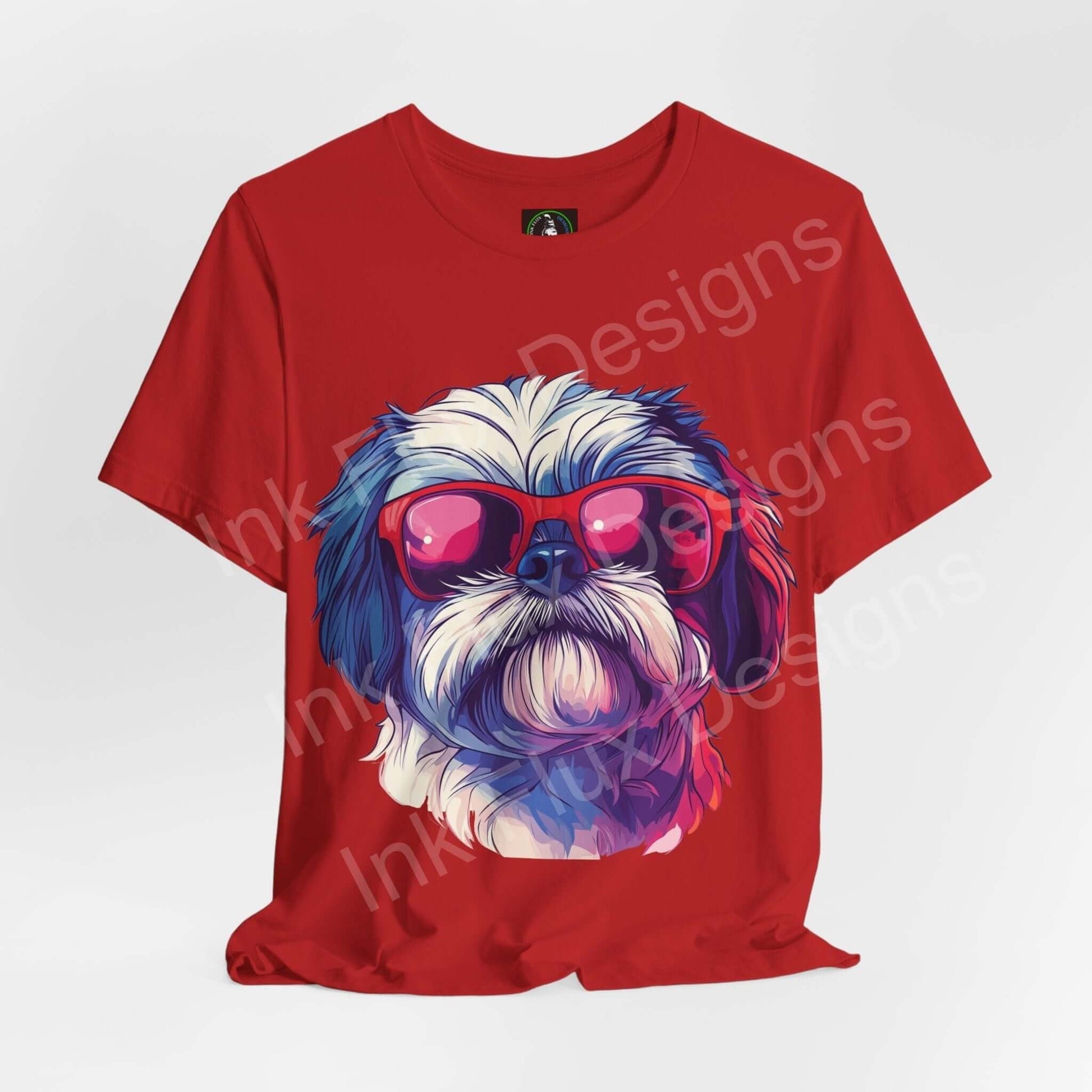 Red Shih Tzu Shades graphic tee featuring a stylized Shih Tzu in sunglasses, comfortable Airlume cotton, by Bella+Canvas.