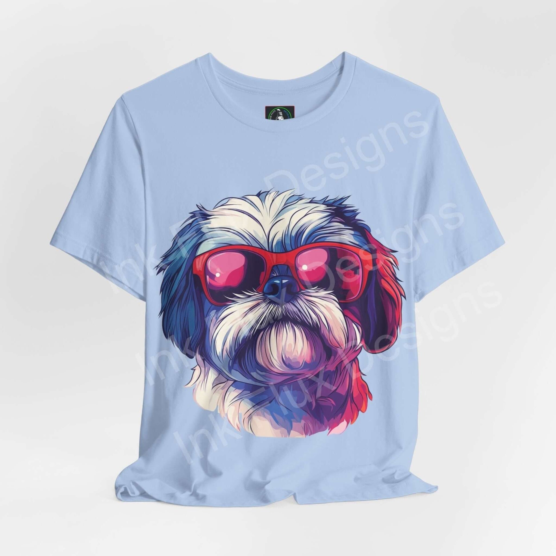 Light blue Shih Tzu Shades graphic tee featuring an illustrated Shih Tzu dog wearing red sunglasses, perfect for dog lovers and casual wear.