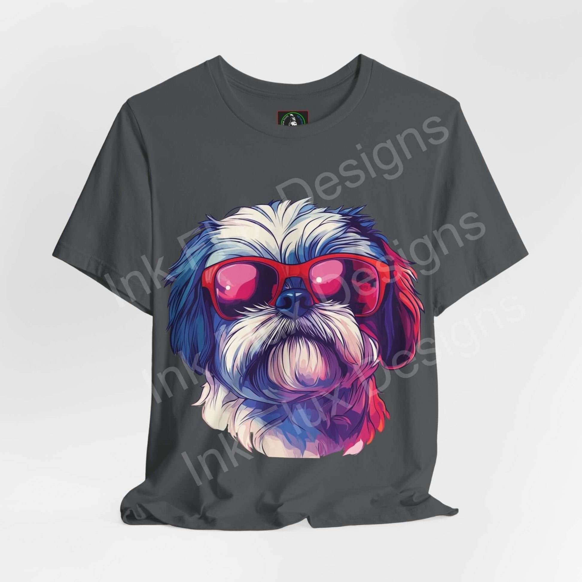 Stylish Shih Tzu Shades graphic tee, featuring a Shih Tzu dog with red sunglasses on a gray unisex T-shirt.