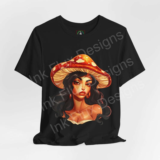 Black unisex T-shirt featuring a bold graphic of a woman with dark hair wearing a psychedelic mushroom hat, from the Shroom Lady collection.