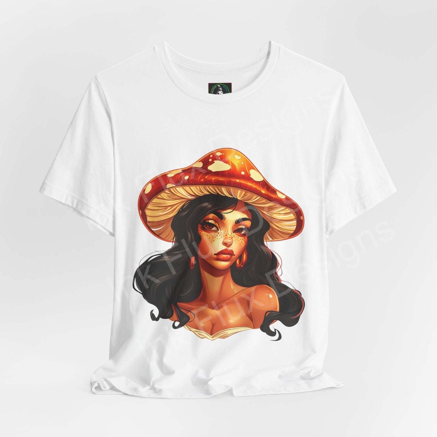 Unisex white T-shirt featuring a bold, psychedelic graphic of a woman with a mushroom hat, embodying a trippy, artistic style.