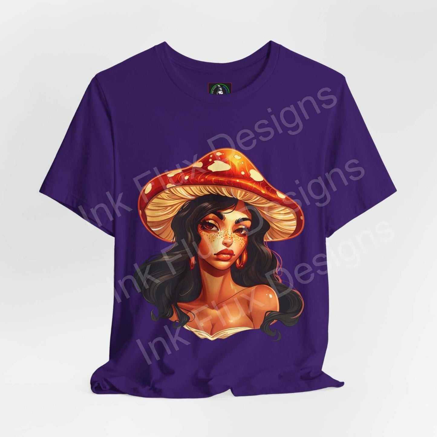 Bold graphic tee featuring a psychedelic design with a woman wearing a trippy mushroom hat on a purple unisex jersey shirt.