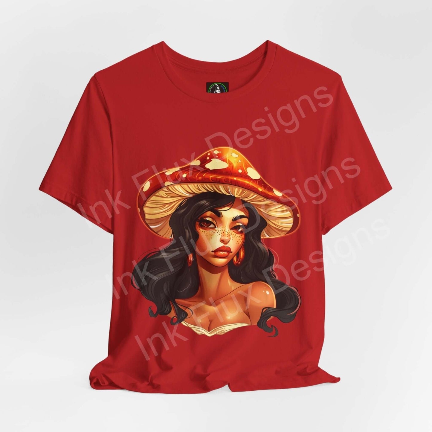 Red unisex T-shirt featuring bold psychedelic graphic of a woman in a mushroom hat, from Shroom Lady collection by Bella+Canvas.