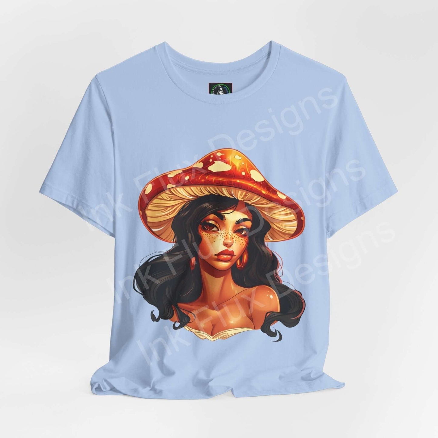 Light blue unisex Shroom Lady T-shirt featuring a bold, psychedelic graphic of a woman with a mushroom hat, designed for comfort and style.