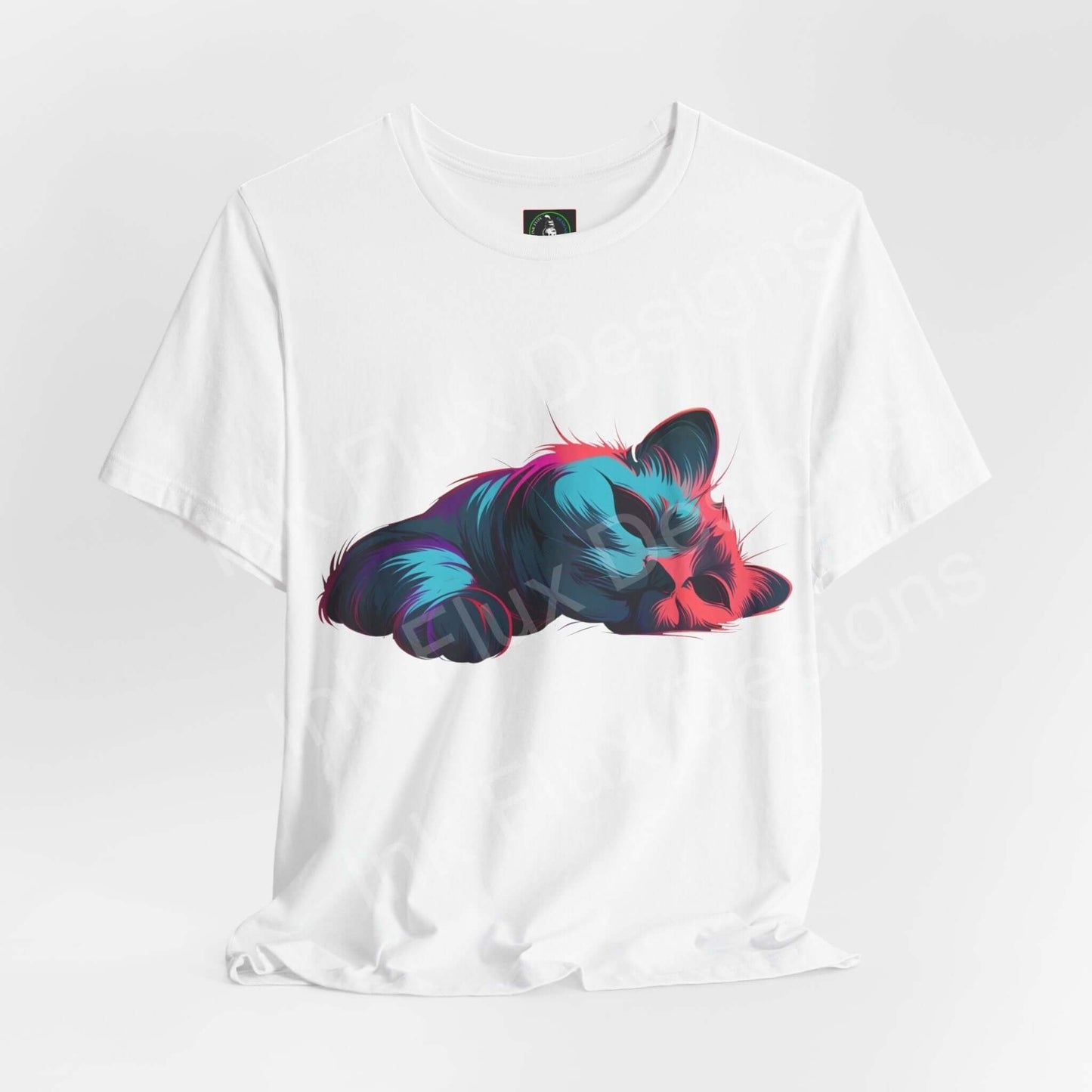 Unisex white T-shirt featuring a vibrant graphic of a sleeping cat, made from soft, sustainable Airlume cotton by Bella+Canvas.