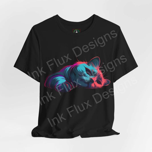 Black unisex T-shirt with vibrant, multicolored graphic of a sleeping cat, perfect as stylish graphic tee.