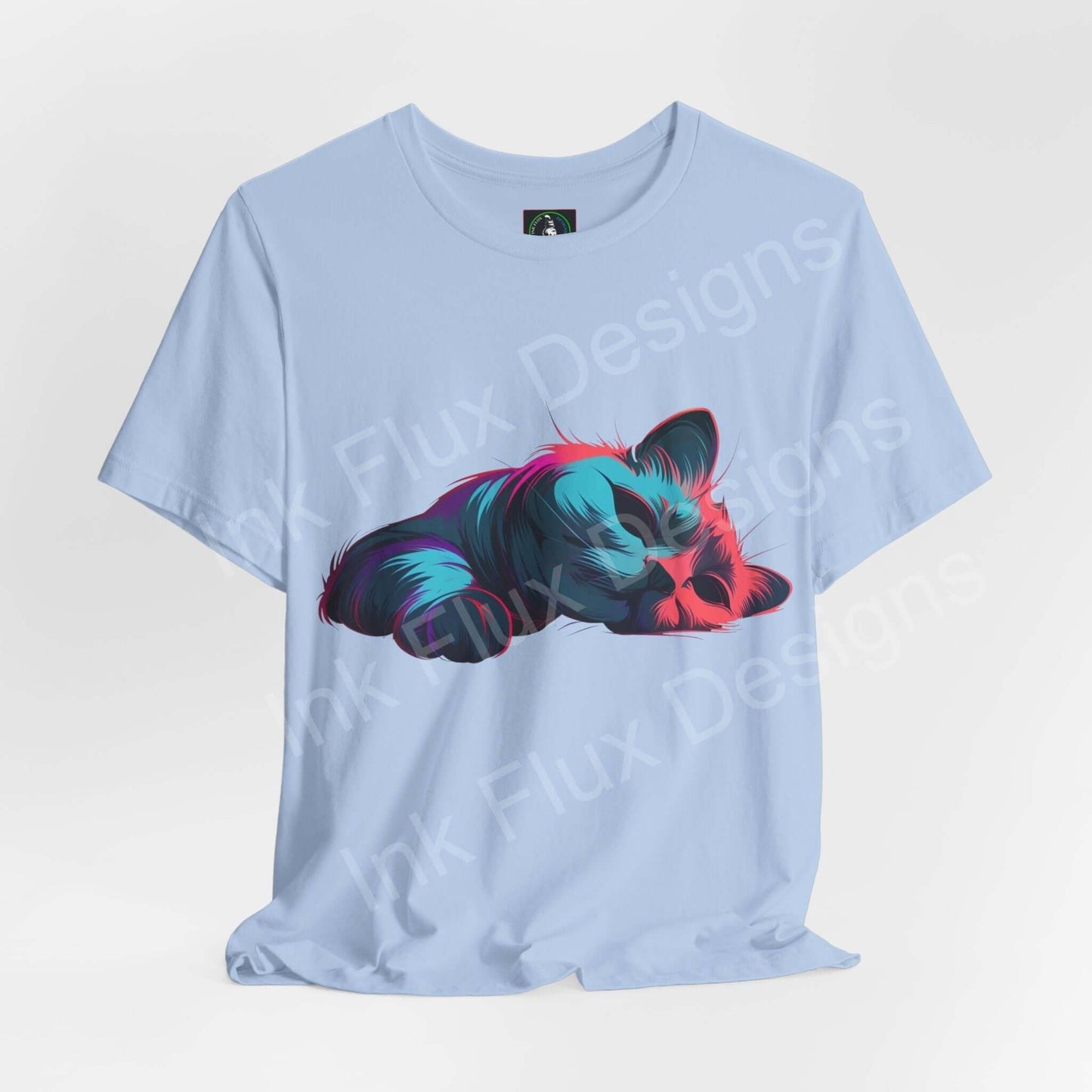 Light blue unisex jersey T-shirt featuring a vibrant graphic of a sleeping cat, perfect for casual wear.
