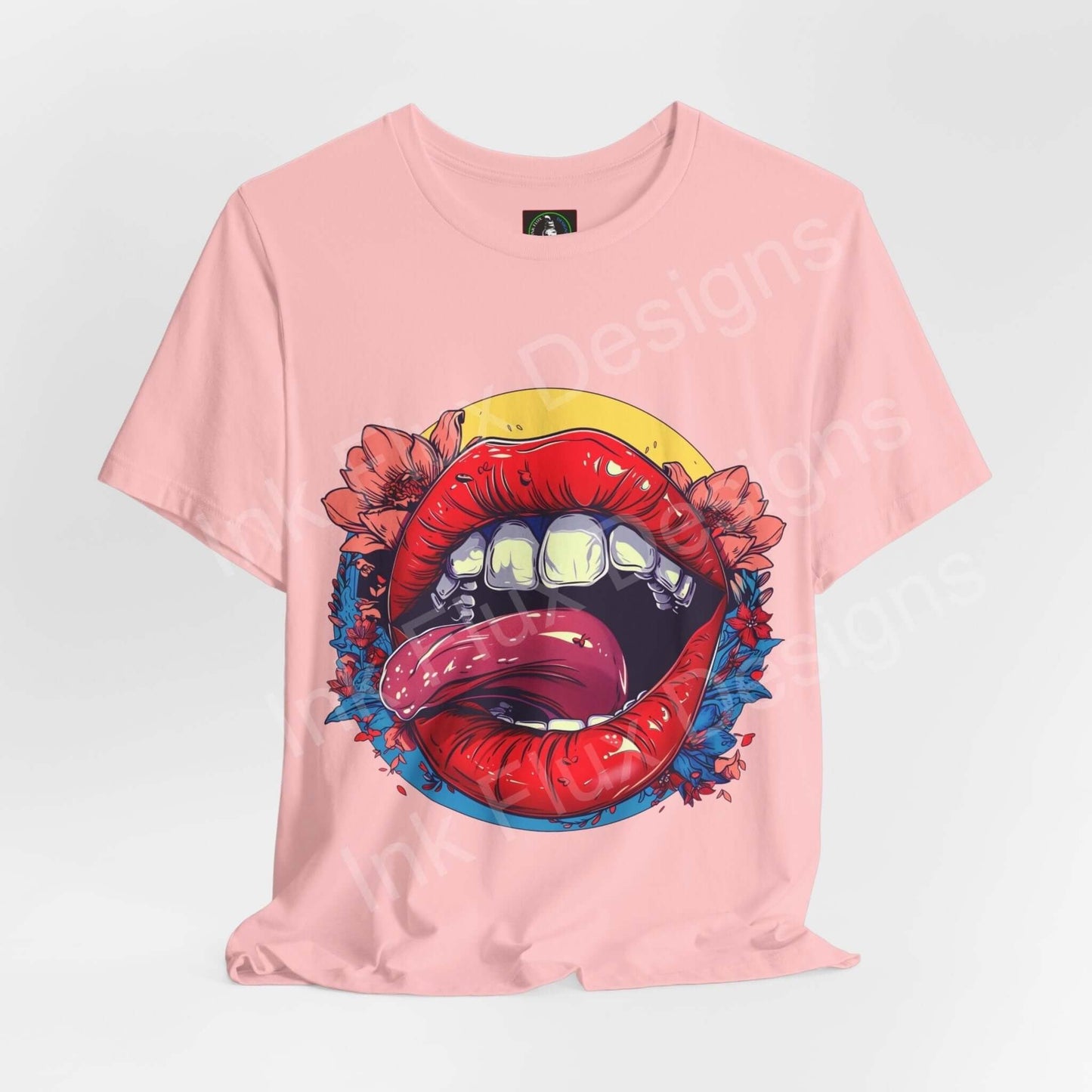 Unisex pink T-shirt with bold graphic of colorful lips and floral design, crafted from breathable cotton, perfect for style and comfort.