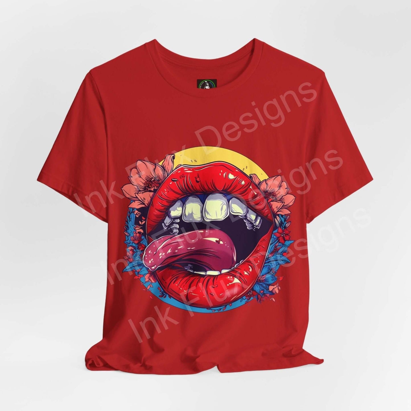 Red unisex T-shirt featuring bold graphic of colorful lips and flowers, made from breathable Airlume cotton, by Bella+Canvas.