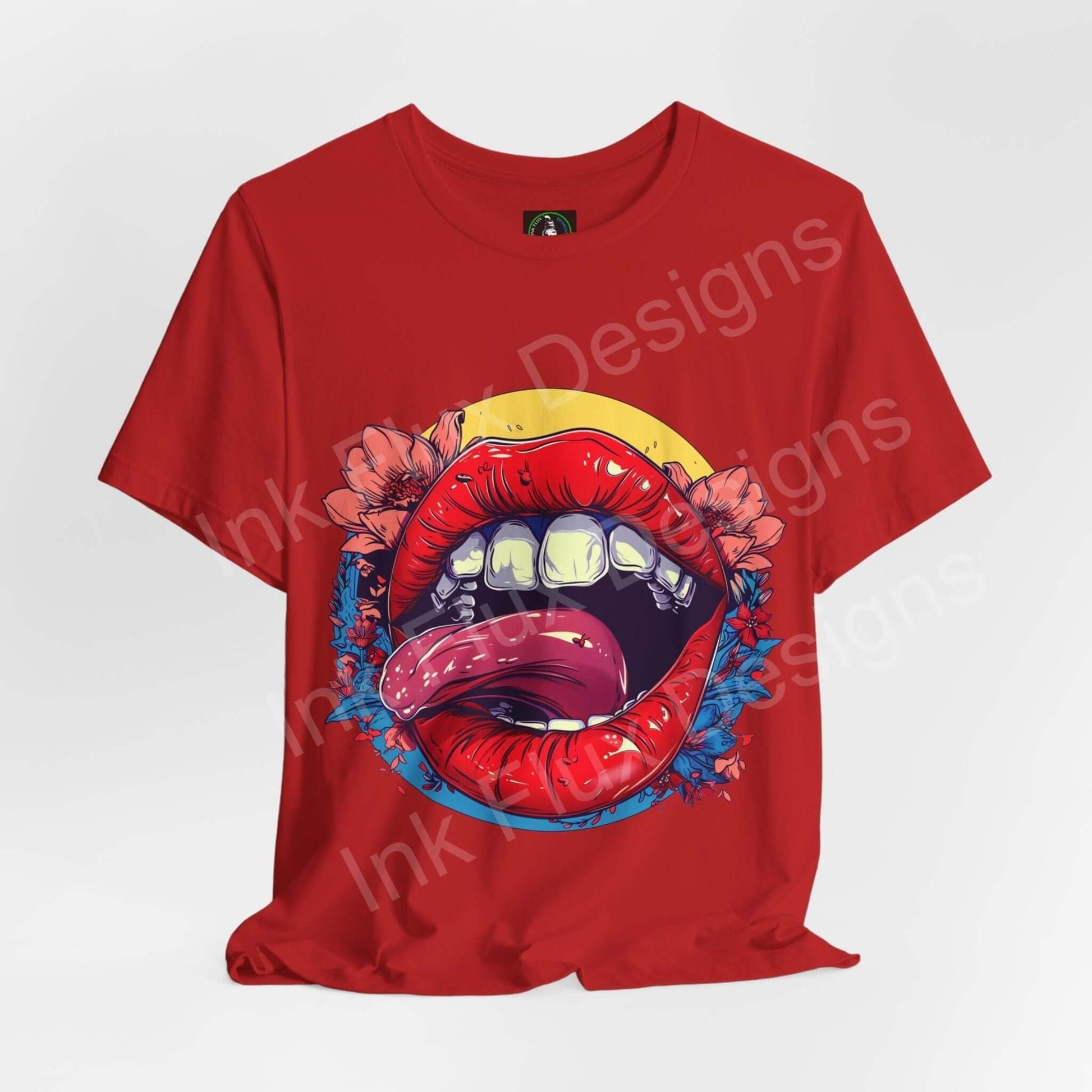 Red unisex T-shirt featuring bold graphic of colorful lips and flowers, made from breathable Airlume cotton, by Bella+Canvas.