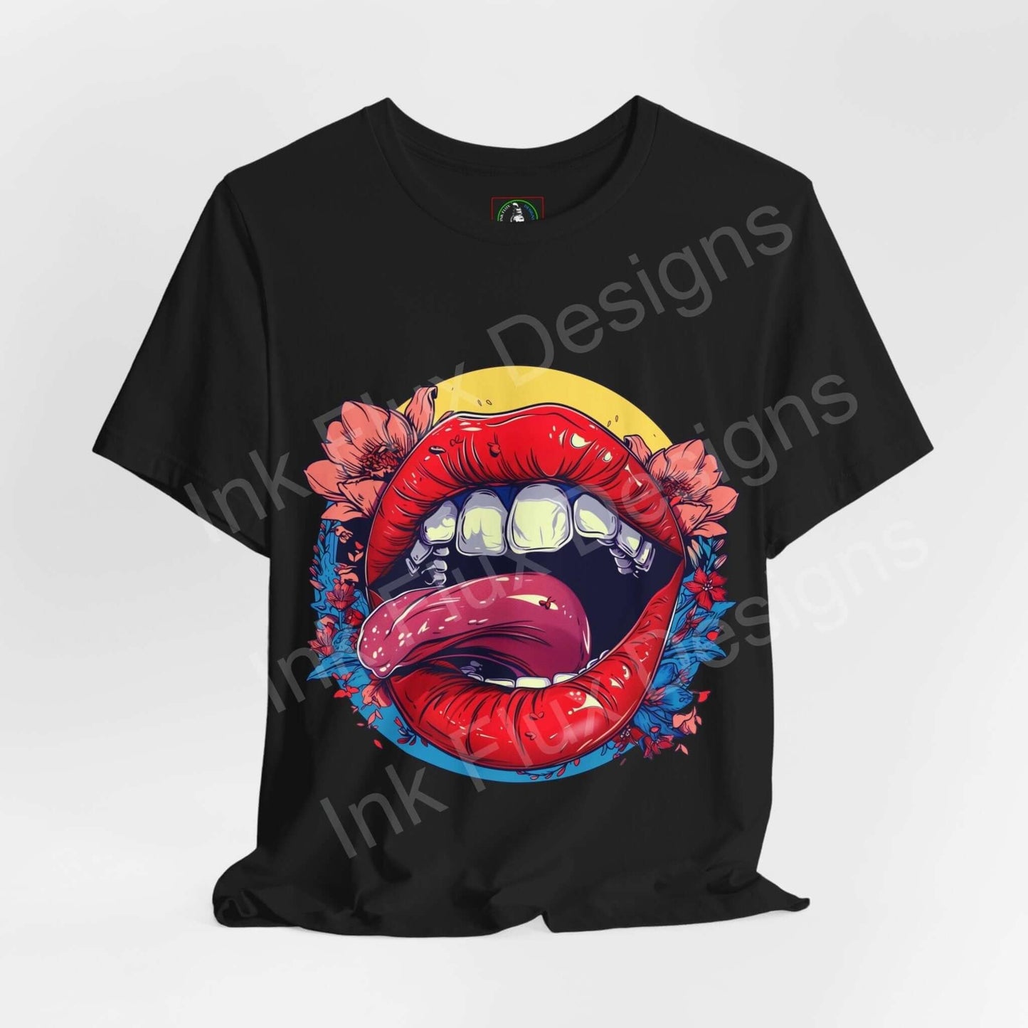 Black unisex T-shirt featuring a bold graphic of a colorful mouth with red lips and surrounding floral designs, ideal for stylish casual wear.
