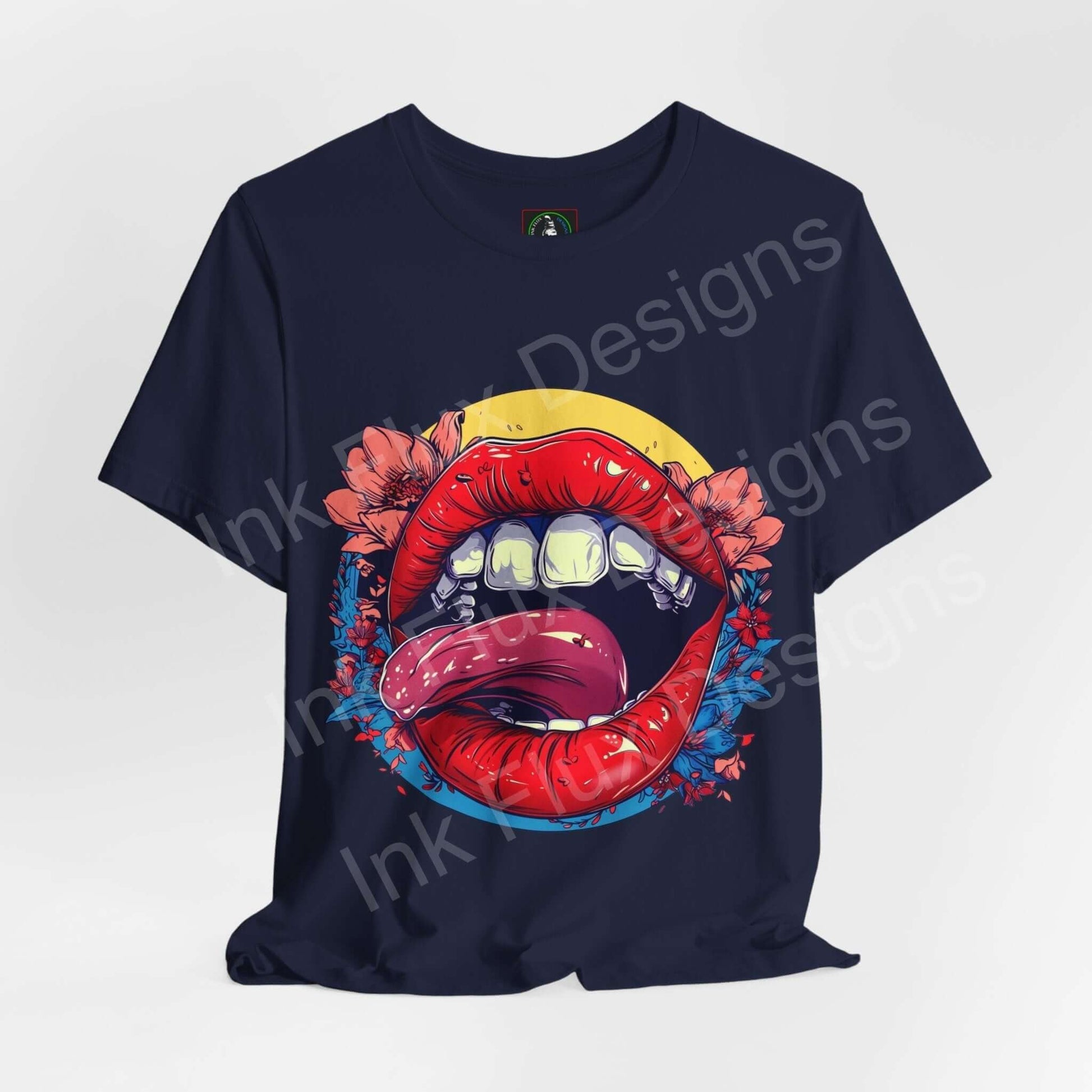 Navy unisex T-shirt with bold graphic of a colorful mouth and flowers, from Bella+Canvas, featuring stylish, comfortable fit.