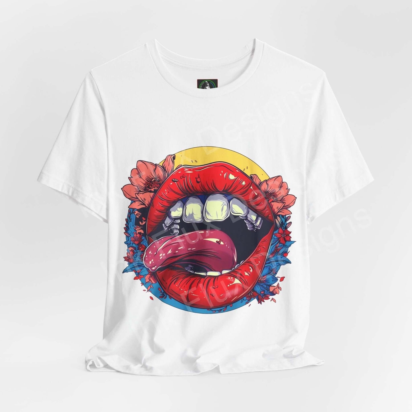 Graphic tee featuring bold red lips and flowers design on a unisex white T-shirt, ideal for casual wear.