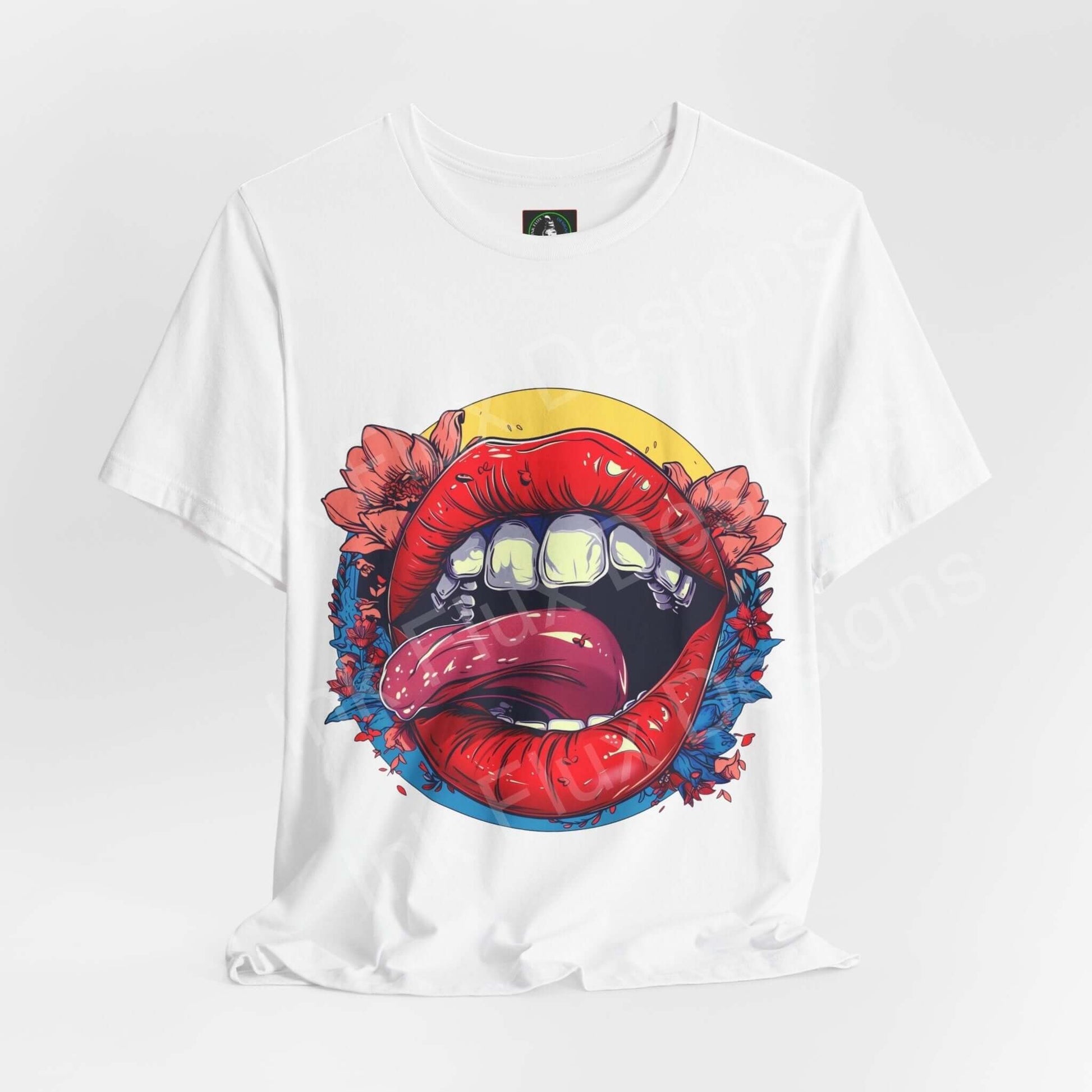 Graphic tee featuring bold red lips and flowers design on a unisex white T-shirt, ideal for casual wear.