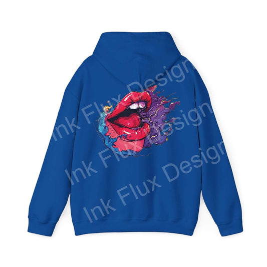 Back view of a blue Smile II hooded sweatshirt featuring a bold graphic design with vibrant red lips and splashes of color.