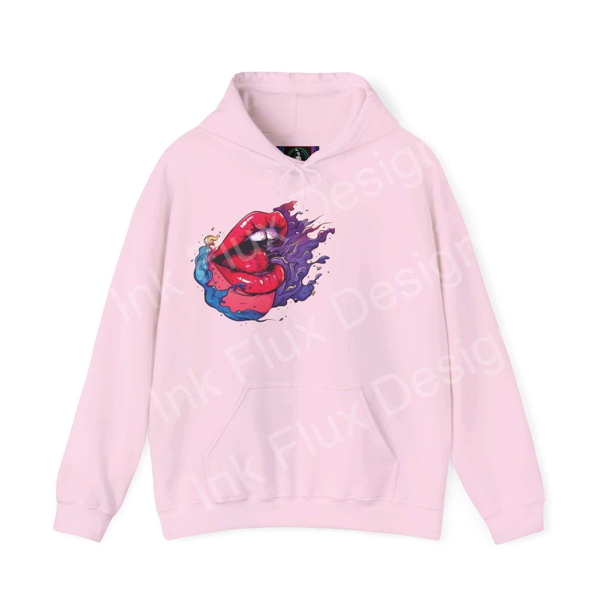 Light pink Smile II hooded sweatshirt featuring a bold graphic design with vibrant ink flux on the front, perfect for stylish comfort.