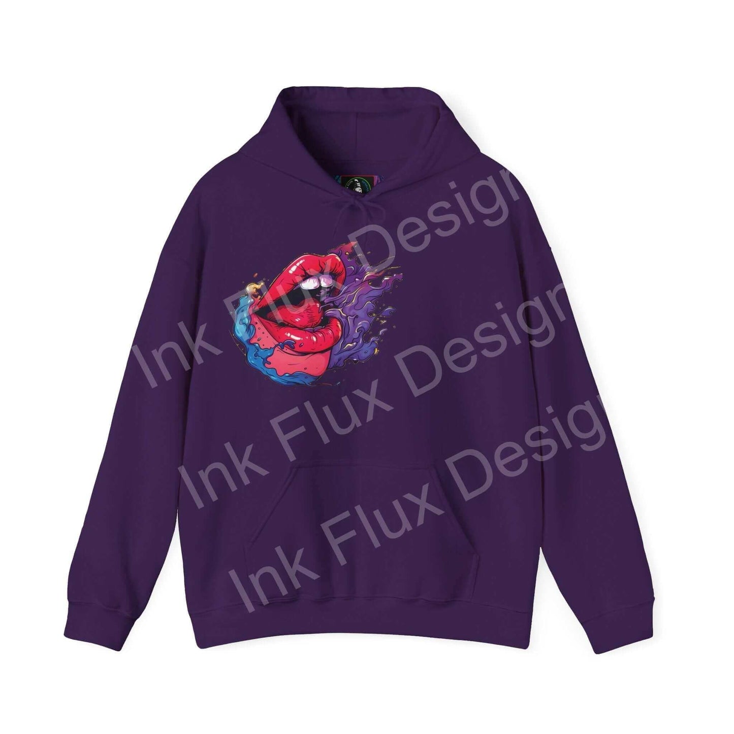 Unisex purple Smile II hooded sweatshirt with bold red graphic design, ideal for cozy and stylish wear.