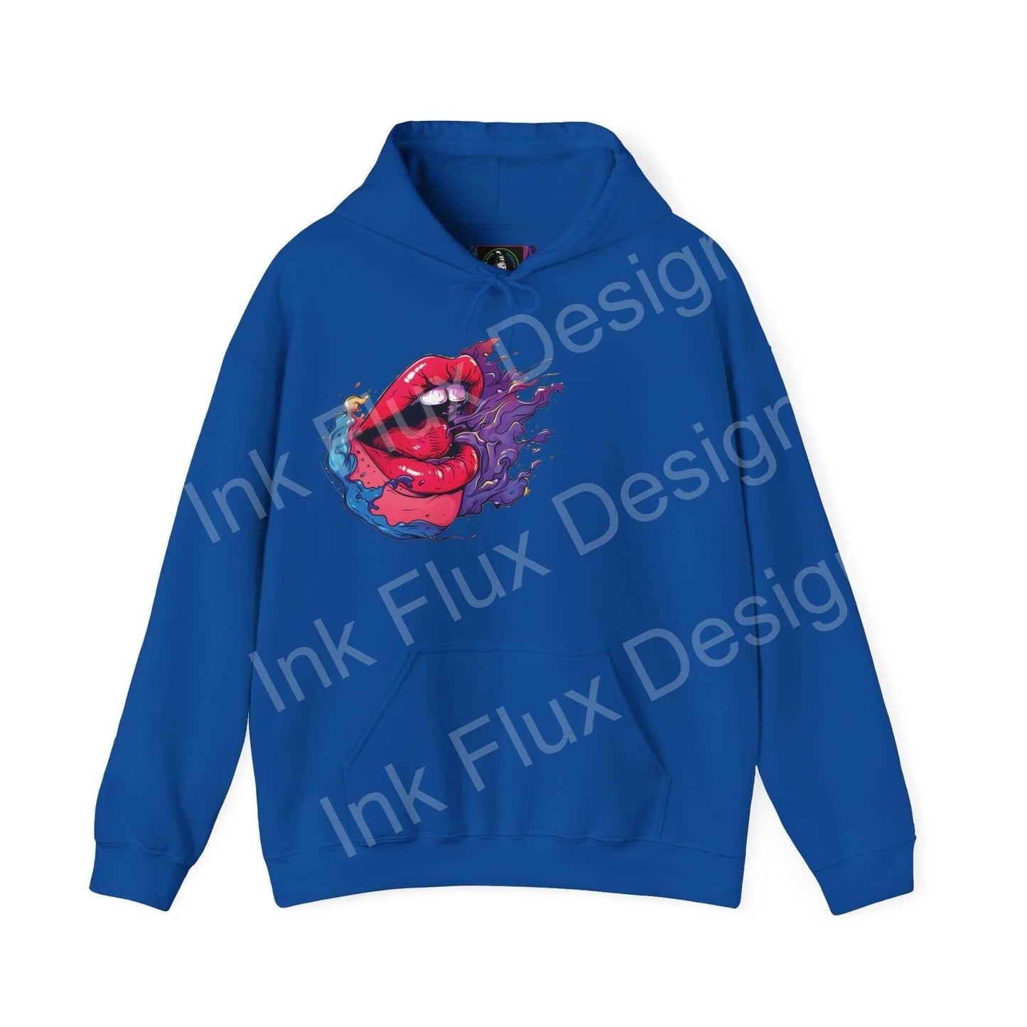 Blue Smile II hooded sweatshirt featuring bold red graphic design, ideal for a stylish, cozy look.