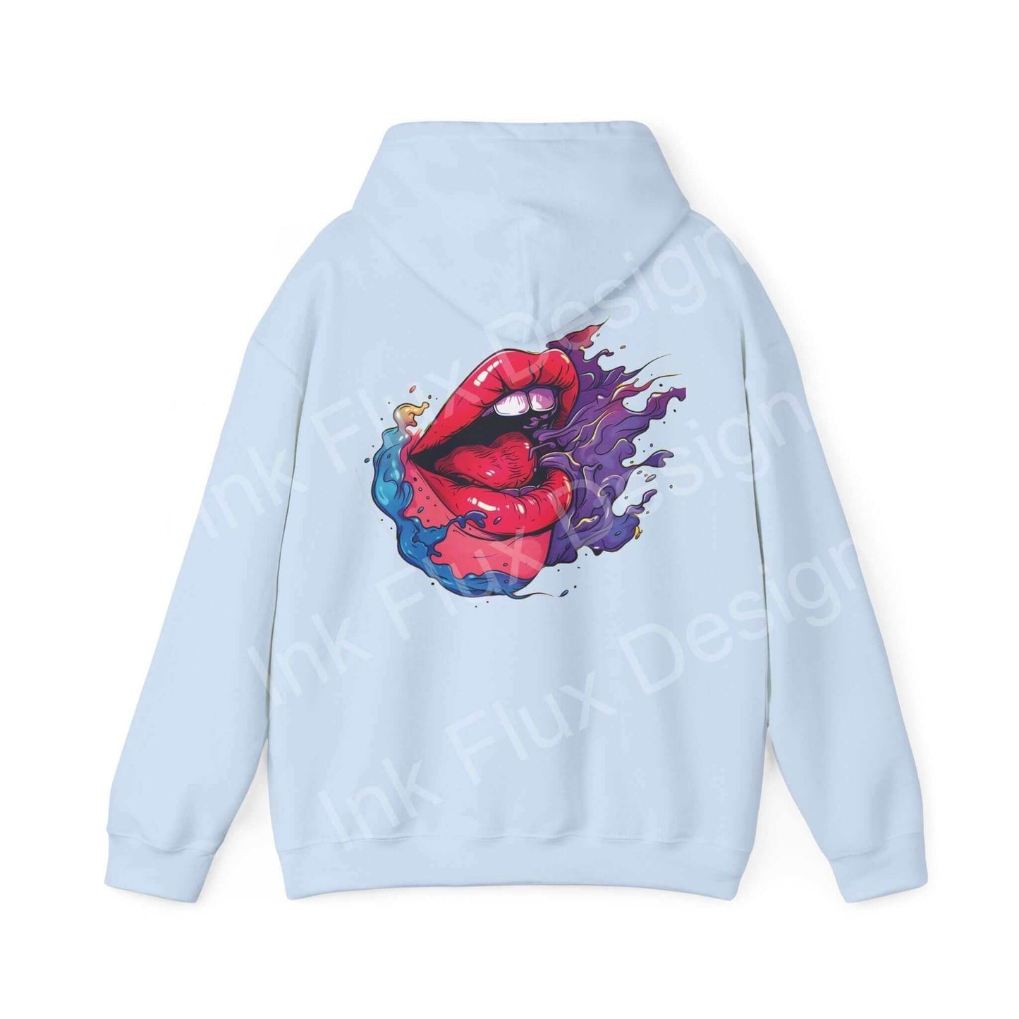Light blue Smile II hooded sweatshirt with bold graphic design of red lips and purple ink splash on the back.