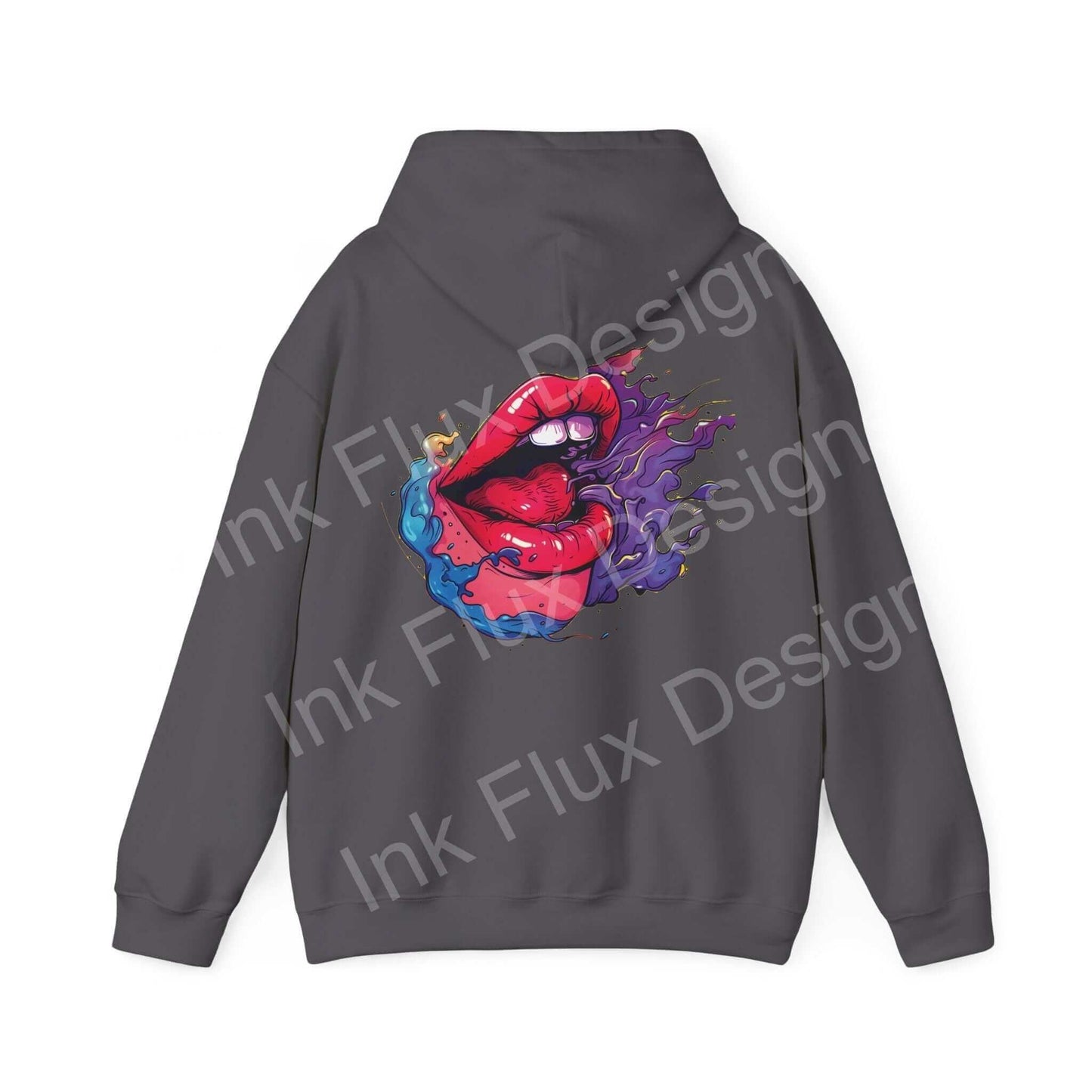 Unisex gray hoodie featuring a bold graphic of vibrant red lips and swirling ink, from the Smile II Collection of graphic hoodies.
