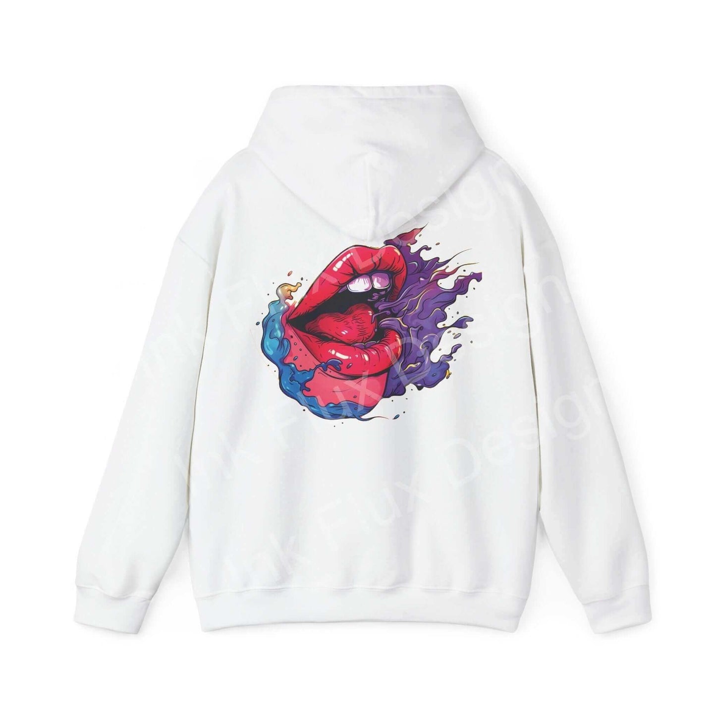 White hooded sweatshirt featuring a bold graphic of stylized red lips with purple splash, ideal for those who love graphic hoodies with bold designs.