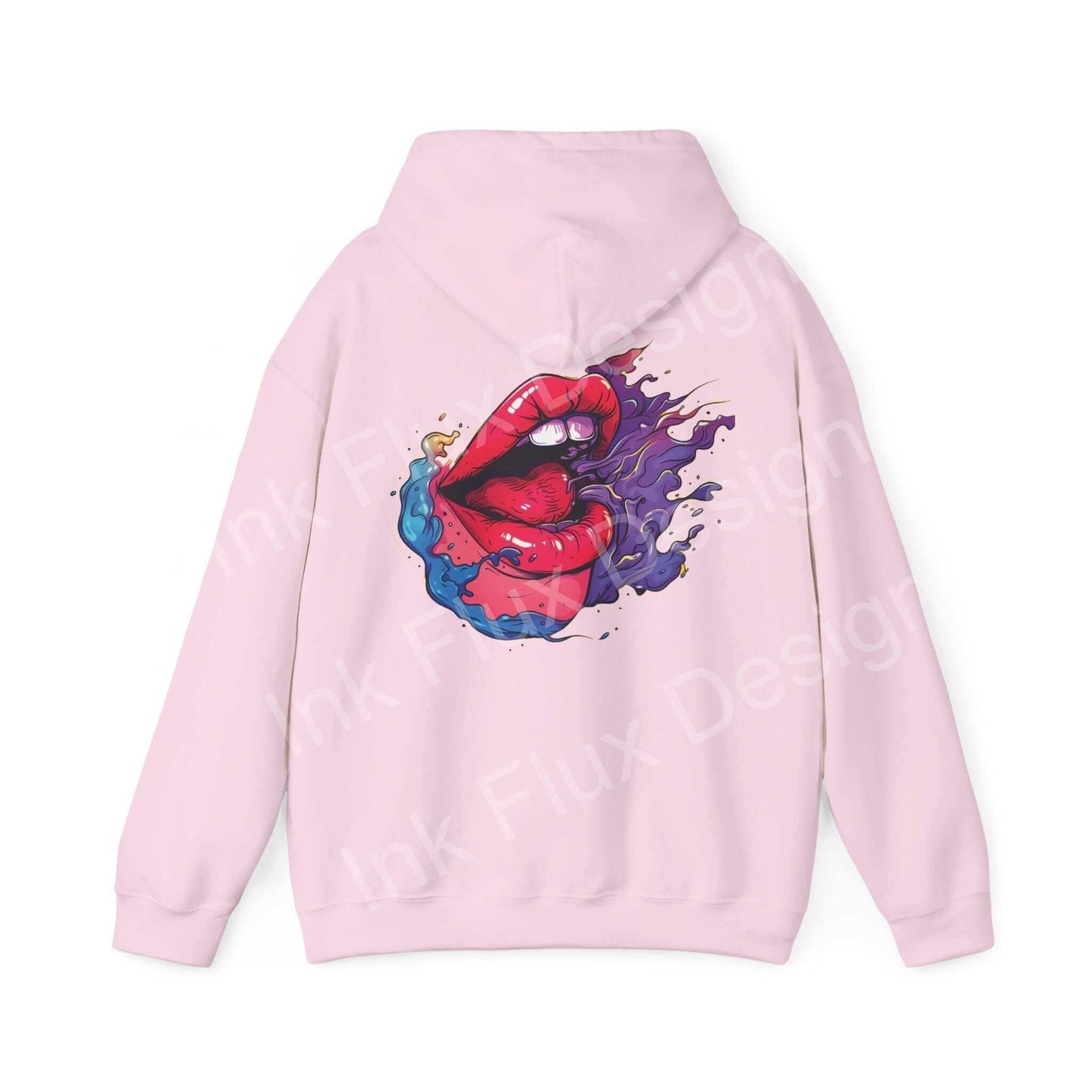 Pink Smile II Hooded Sweatshirt featuring bold graphic design of vibrant lips and splashes on the back, perfect for graphic hoodie enthusiasts.