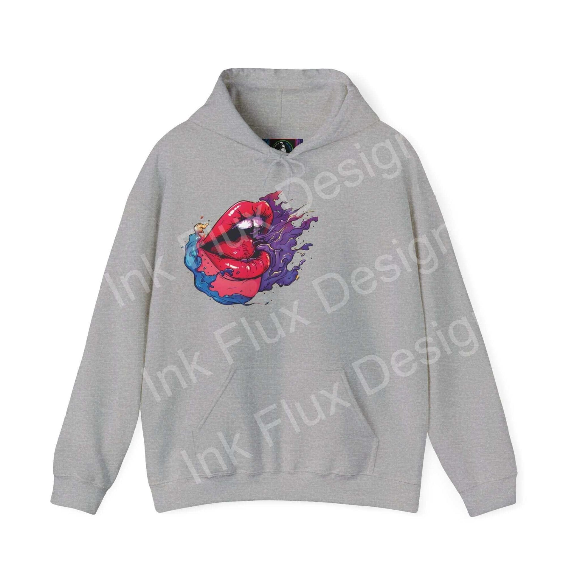 Unisex gray hooded sweatshirt featuring a bold graphic design of a red smiley face with colorful ink splashes, from the Smile II collection.