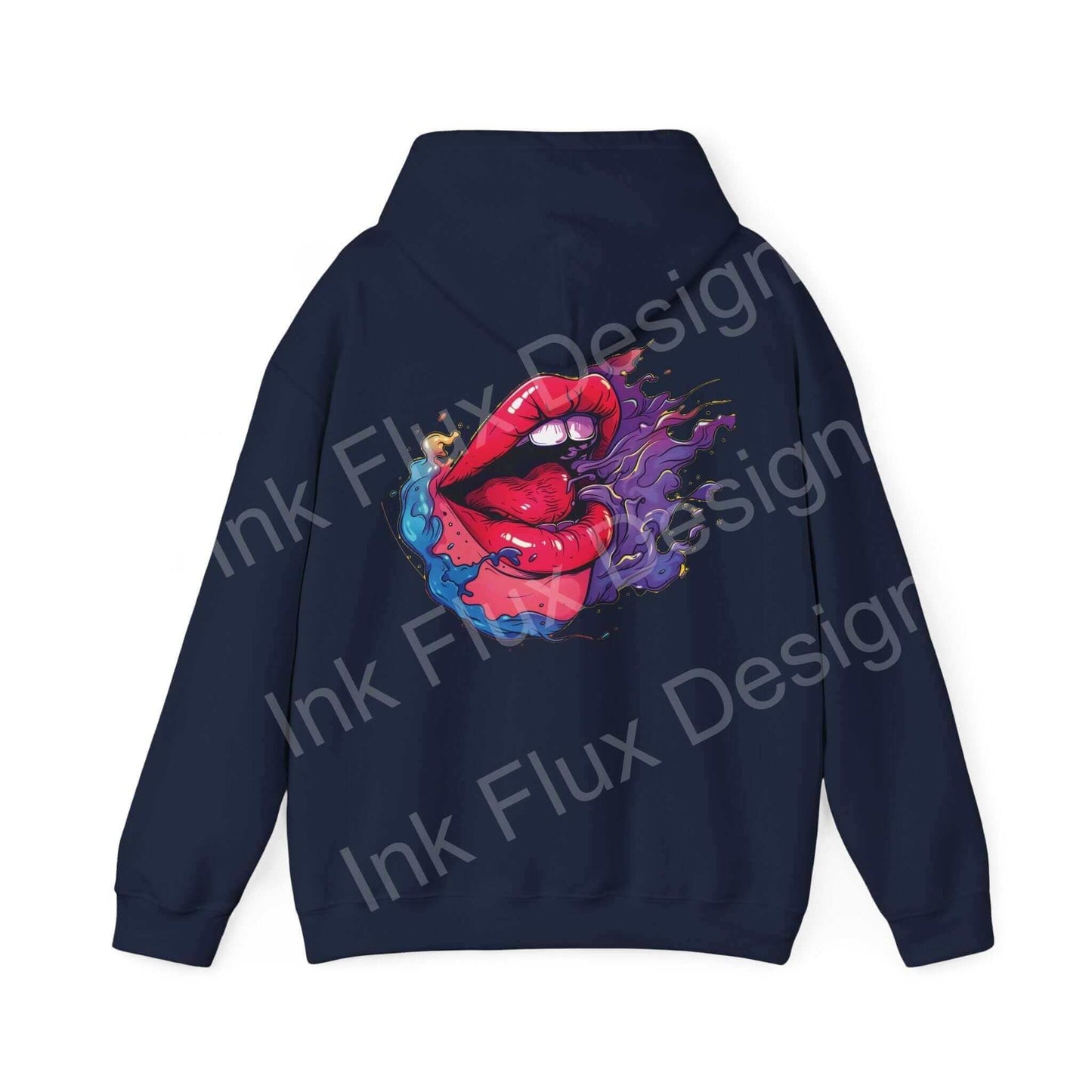 Back view of a navy blue Smile II hooded sweatshirt featuring a bold graphic design with vibrant colors, ideal for those seeking stylish, cozy hoodies.
