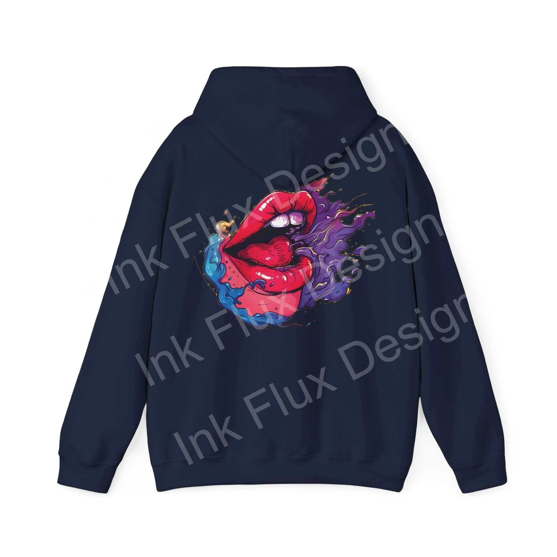 Back view of a navy blue Smile II hooded sweatshirt featuring a bold graphic design with vibrant colors, ideal for those seeking stylish, cozy hoodies.