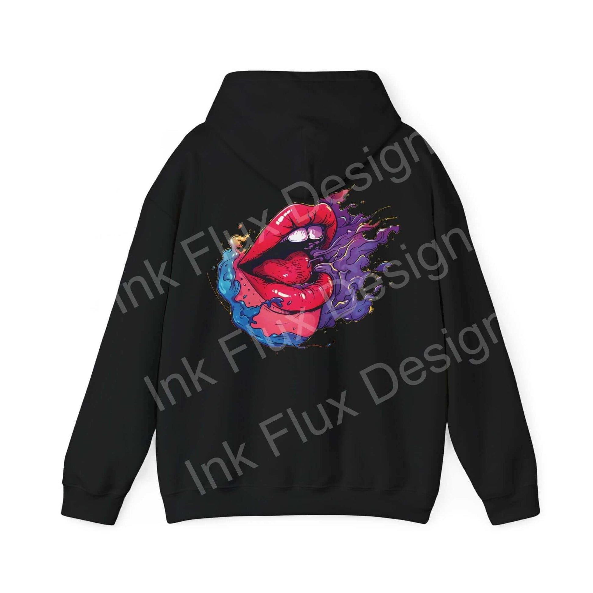 Black Smile II hooded sweatshirt featuring bold graphic design of stylized red lips and purple smoke on the back, ideal for stylish warmth.