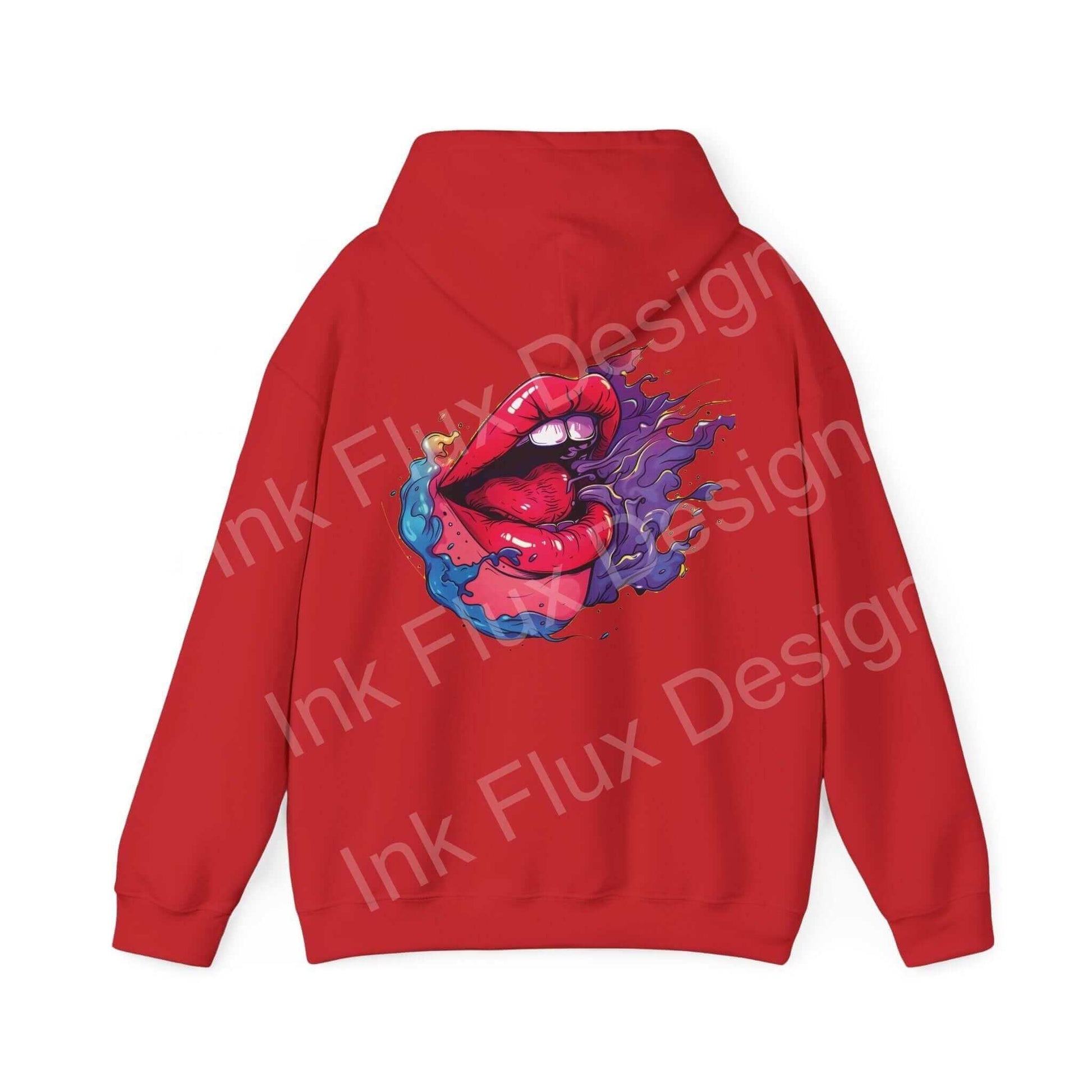 Red Smile II hooded sweatshirt with bold graphic design on the back, featuring vibrant mouth and smoke illustration, ideal for graphic hoodies enthusiasts.