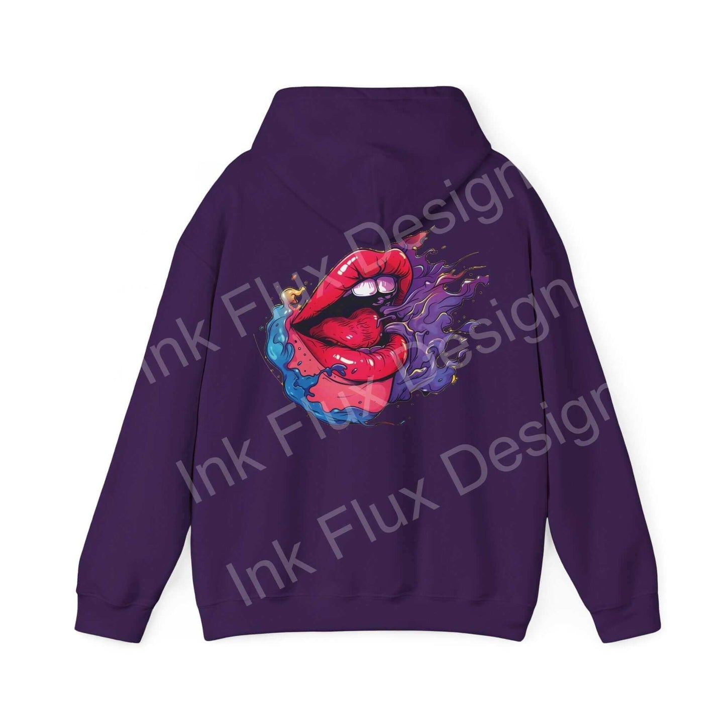 Purple Smile II graphic hoodie featuring a bold lip design with vibrant splashes on the back