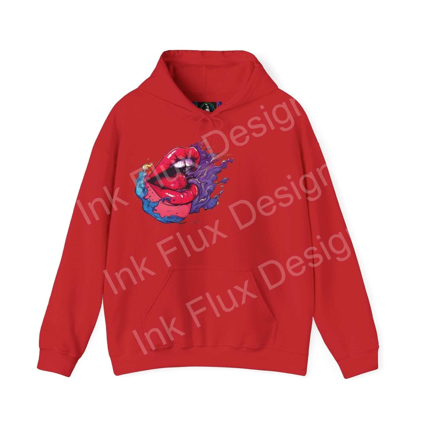 Red Smile II hooded sweatshirt with a bold graphic design on the front, from Ink Flux Designs, ideal for cozy elegance and stylish warmth.