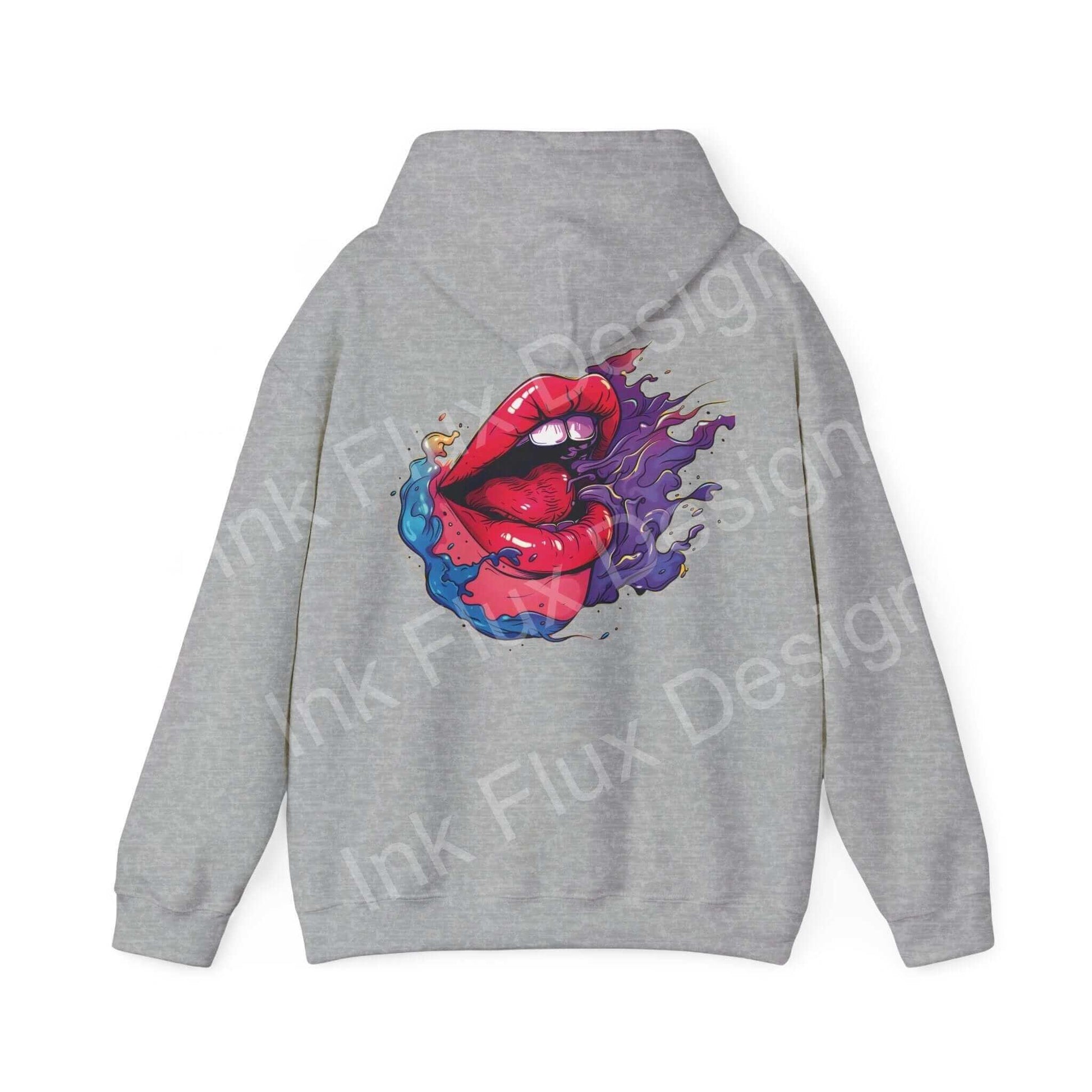 Unisex gray hoodie with bold red lip graphic design, ideal for those seeking stylish graphic hoodies with creative prints.