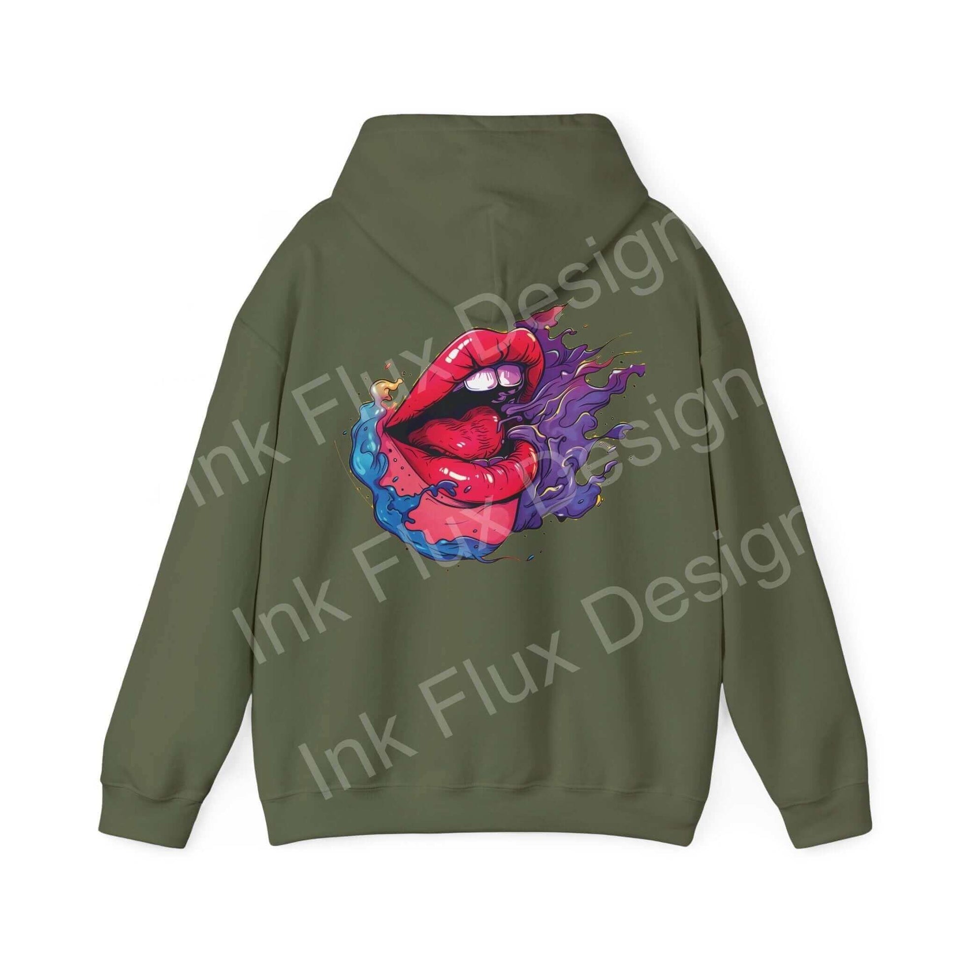 Green Smile II hooded sweatshirt with a vibrant graphic of lips and artful swirls on the back, exemplifying bold design in graphic hoodies.