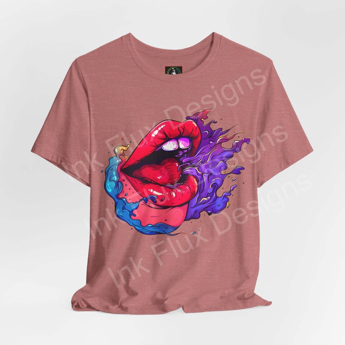 Bold graphic tee featuring a vibrant, colorful mouth design on a unisex pink T-shirt, perfect for stylish casual wear.