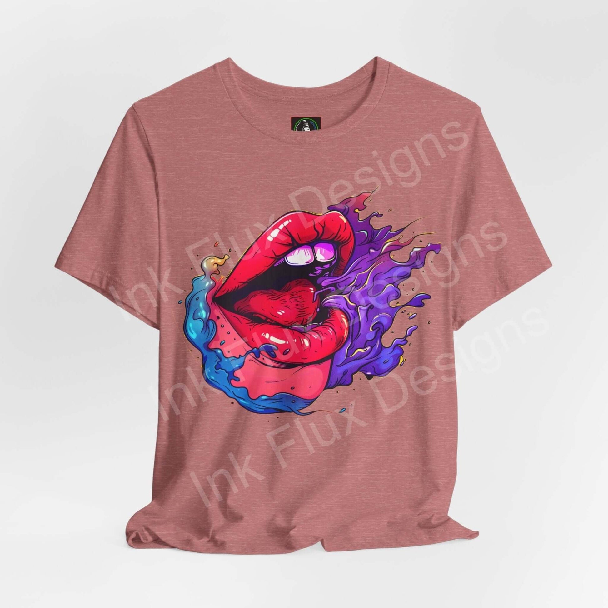 Bold graphic tee featuring a vibrant, colorful mouth design on a unisex pink T-shirt, perfect for stylish casual wear.