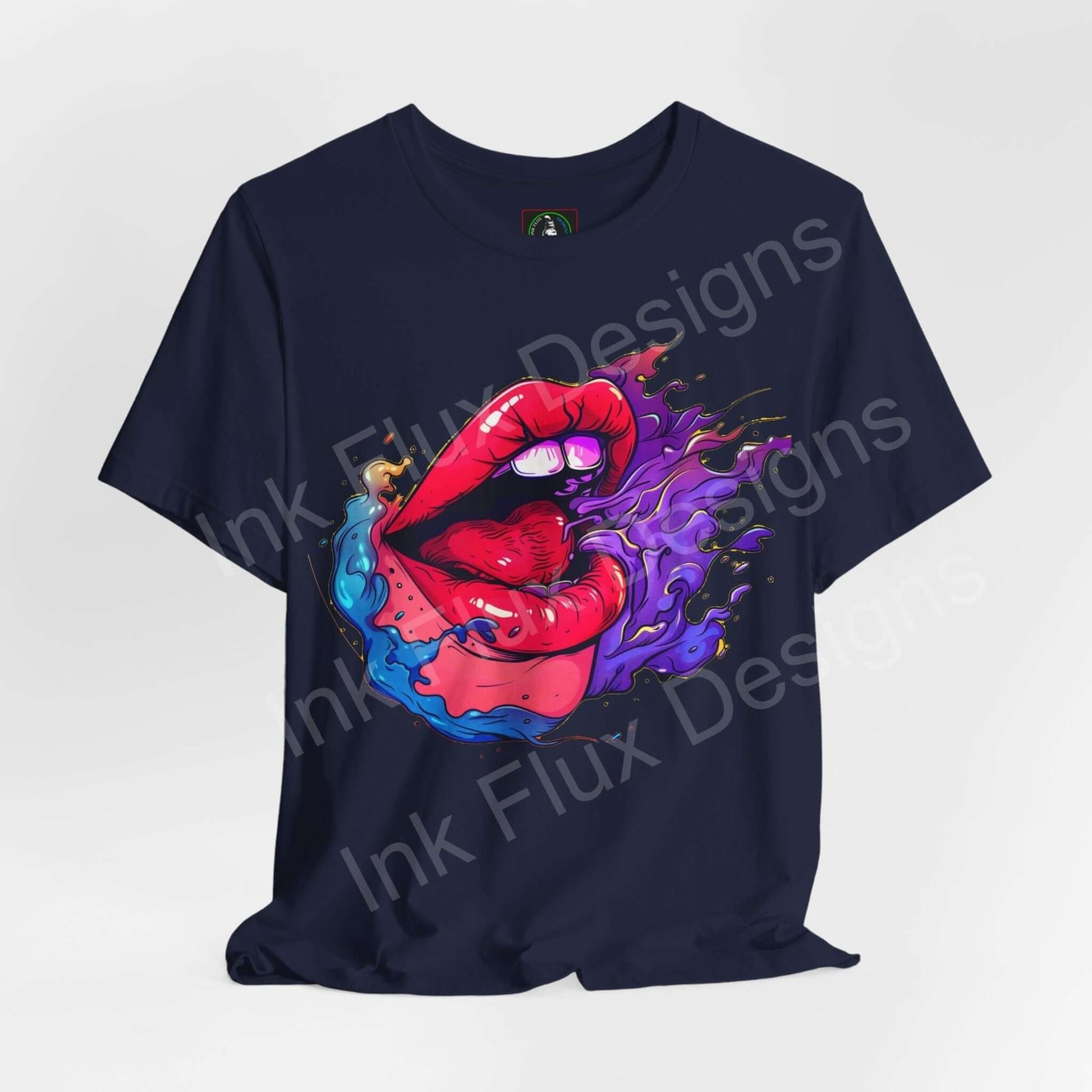 Navy blue unisex graphic tee featuring a bold red lips design with purple and blue smoke, from the Smile II collection by Ink Flux Designs.