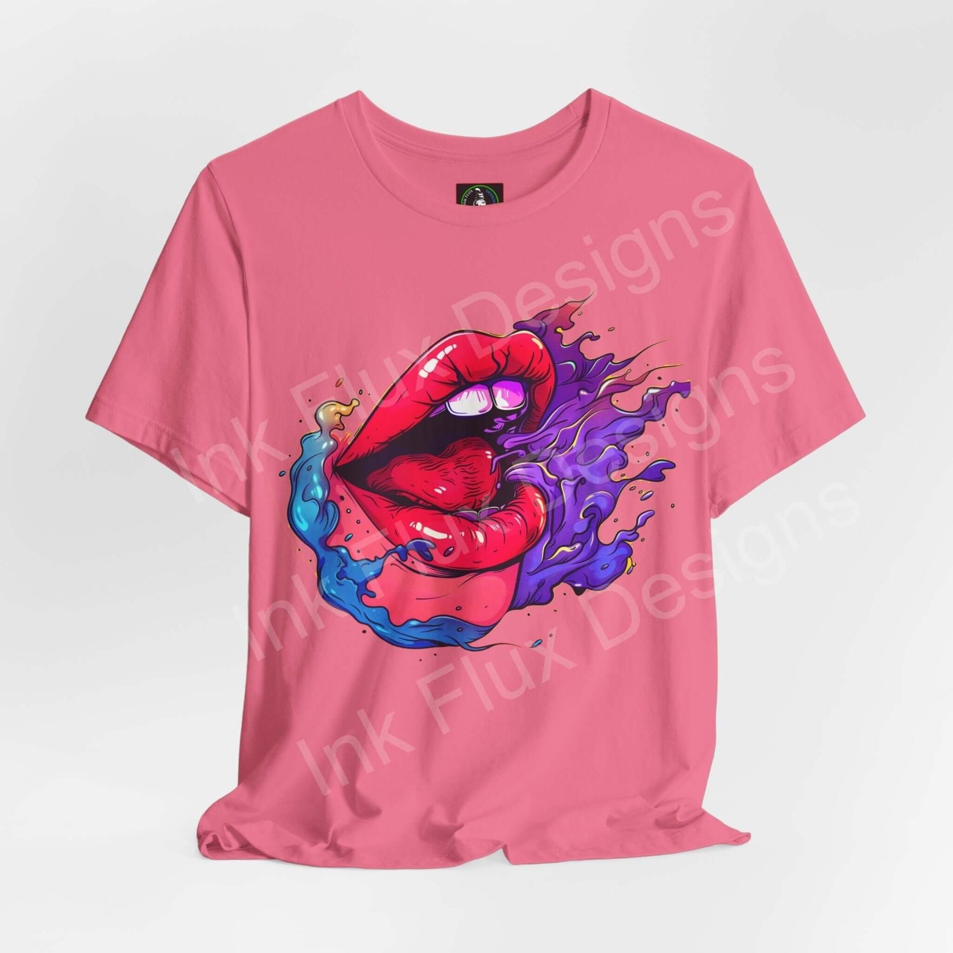 Bold graphic tee featuring a vibrant pink unisex T-shirt with a unique mouth and liquid splash design from Bella+Canvas.