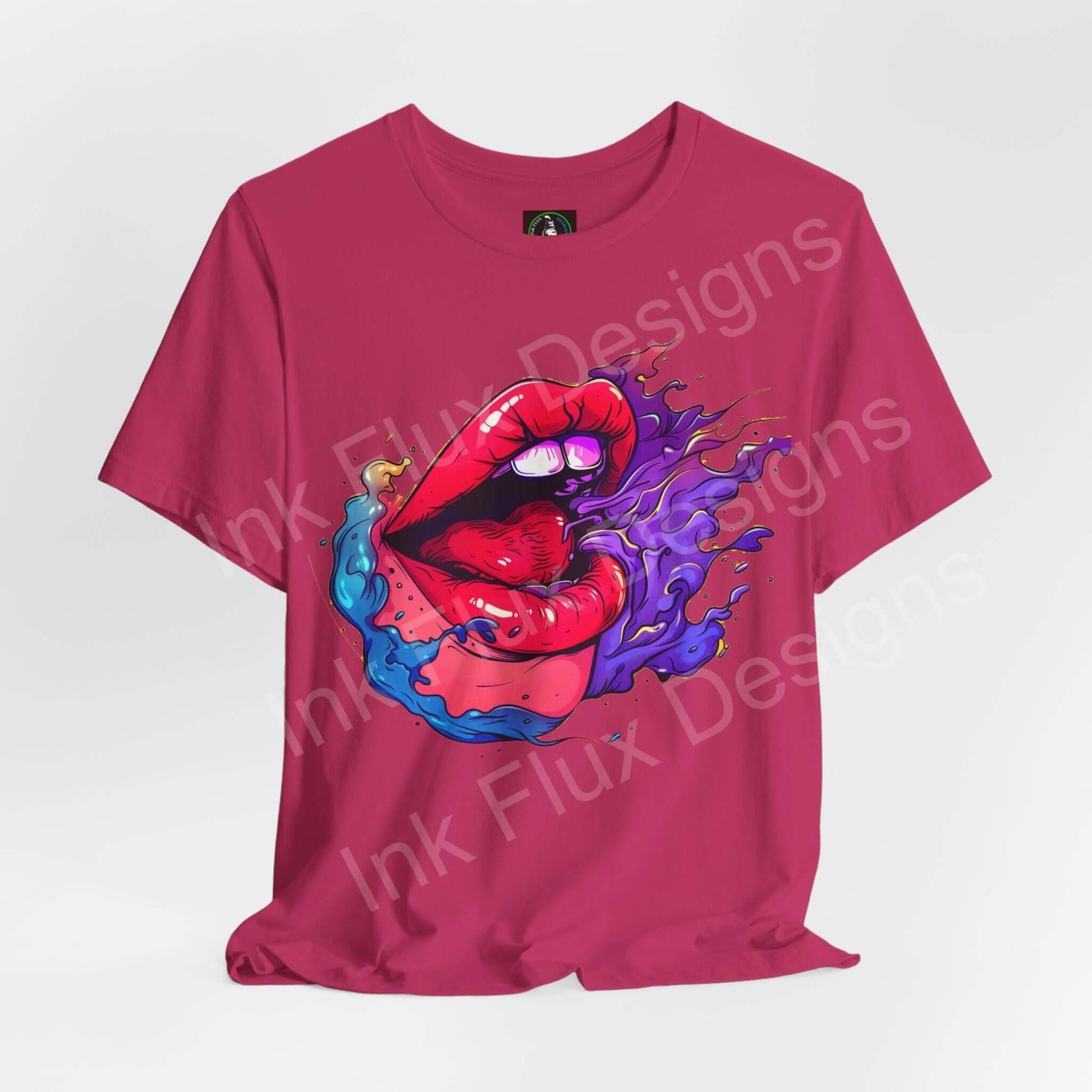 Bold graphic tee featuring a vibrant, colorful design on a fuchsia unisex jersey T-shirt, ideal for casual wear.